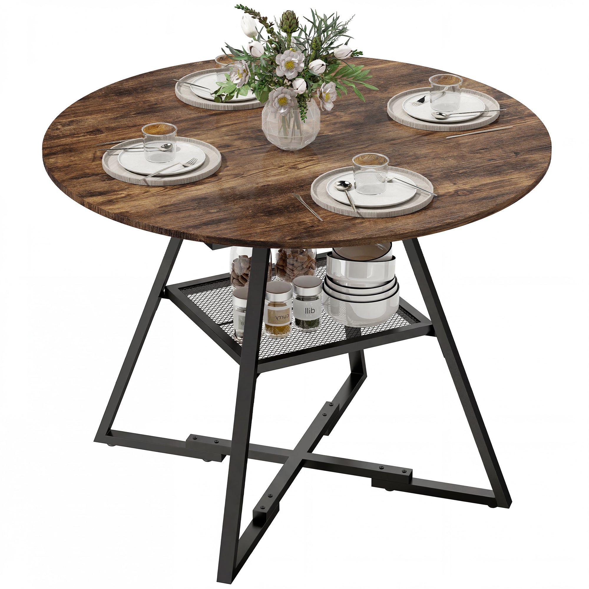 Table à manger ronde pour 4 personnes, Ø 100 x 76 cm, table de cuisine industrielle avec large plateau et étagère de rangement, cadre en métal, brun rustique