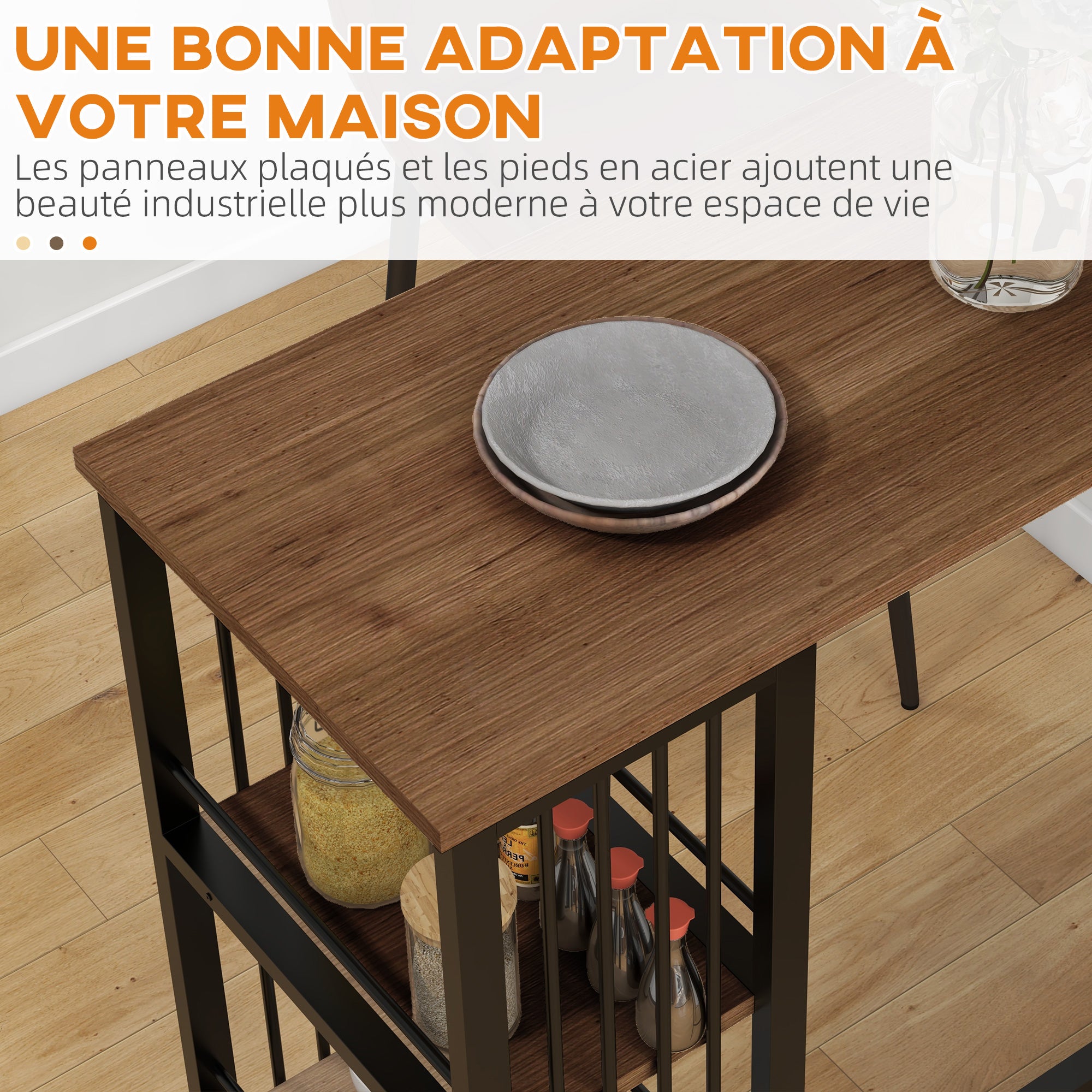 Table de bar table haute de cuisine mange-debout avec étagères - 120 x 40 x 105 cm - piètement acier noir marron