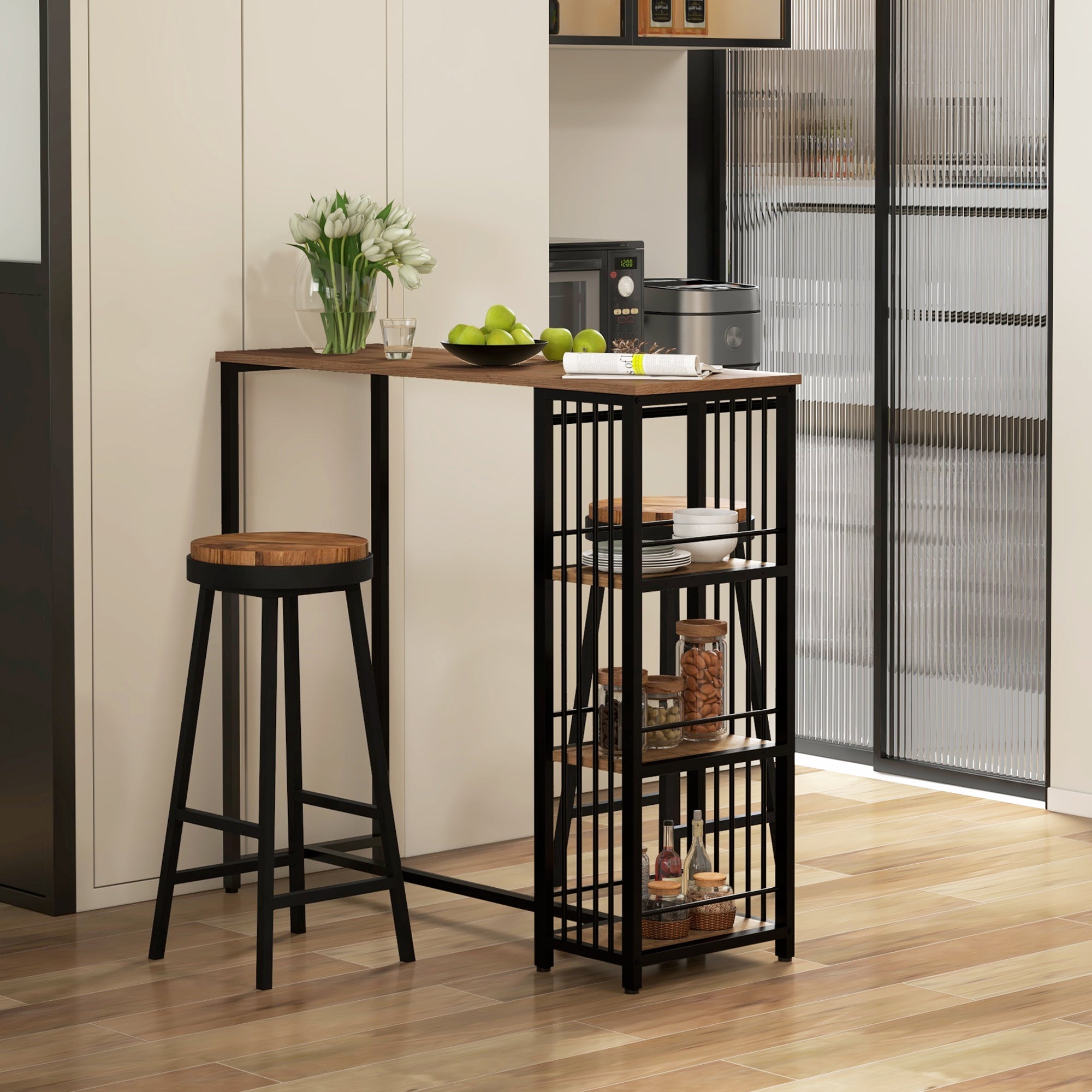 Table de bar table haute de cuisine mange-debout avec étagères - 120 x 40 x 105 cm - piètement acier noir marron