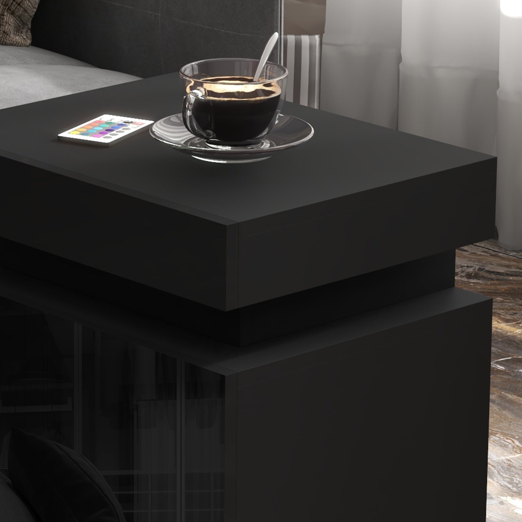 Table de chevet, table de nuit, avec lumière LED RVB, façade du tiroir haute brillance, table d'appoint avec 2 tiroirs, pour salon, chambre à coucher, noir