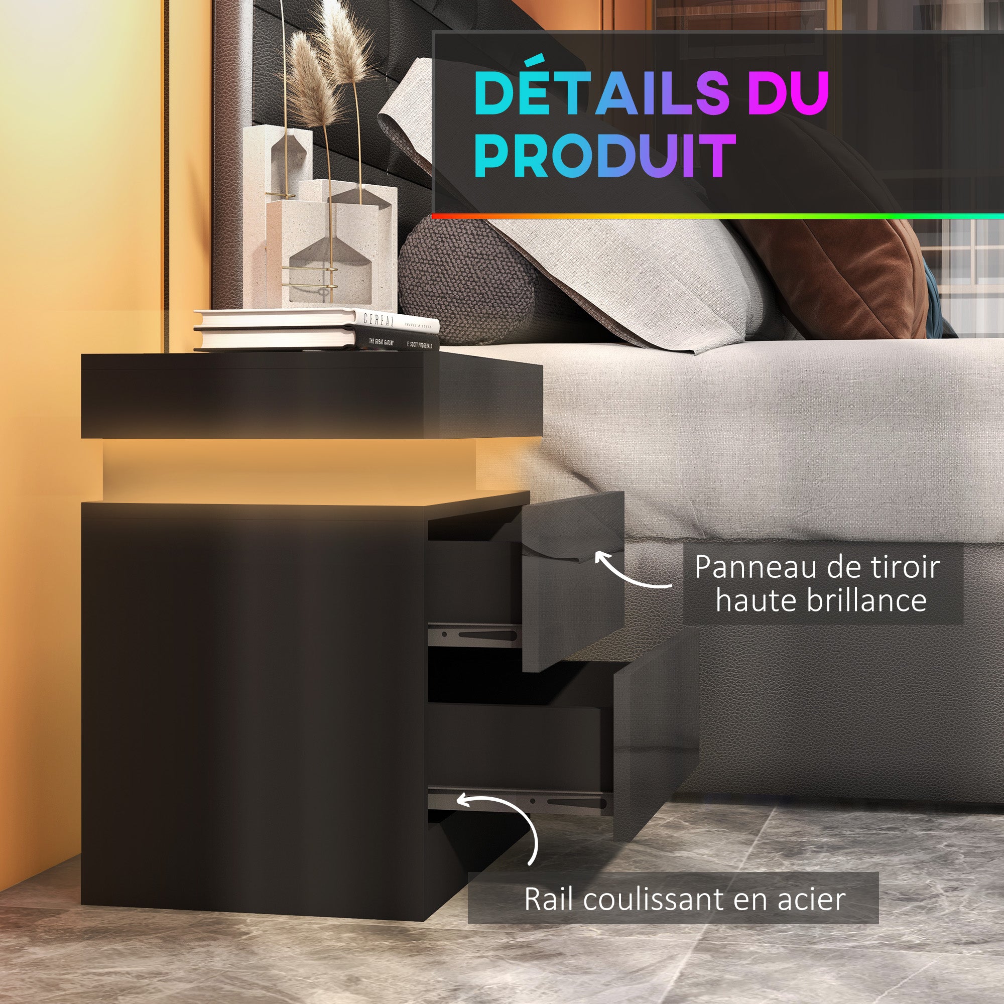 Table de chevet, table de nuit, avec lumière LED RVB, façade du tiroir haute brillance, table d'appoint avec 2 tiroirs, pour salon, chambre à coucher, noir