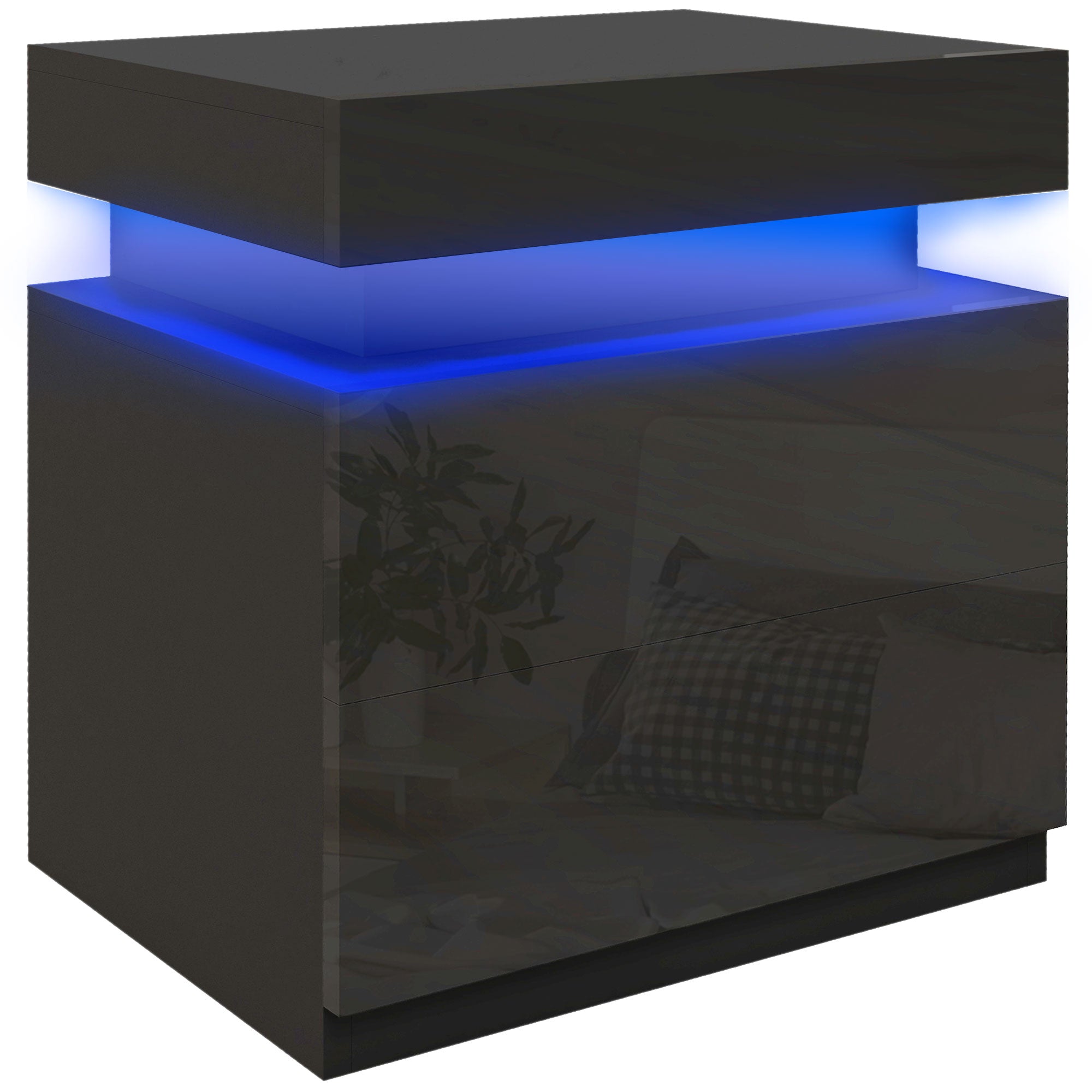 Table de chevet, table de nuit, avec lumière LED RVB, façade du tiroir haute brillance, table d'appoint avec 2 tiroirs, pour salon, chambre à coucher, noir