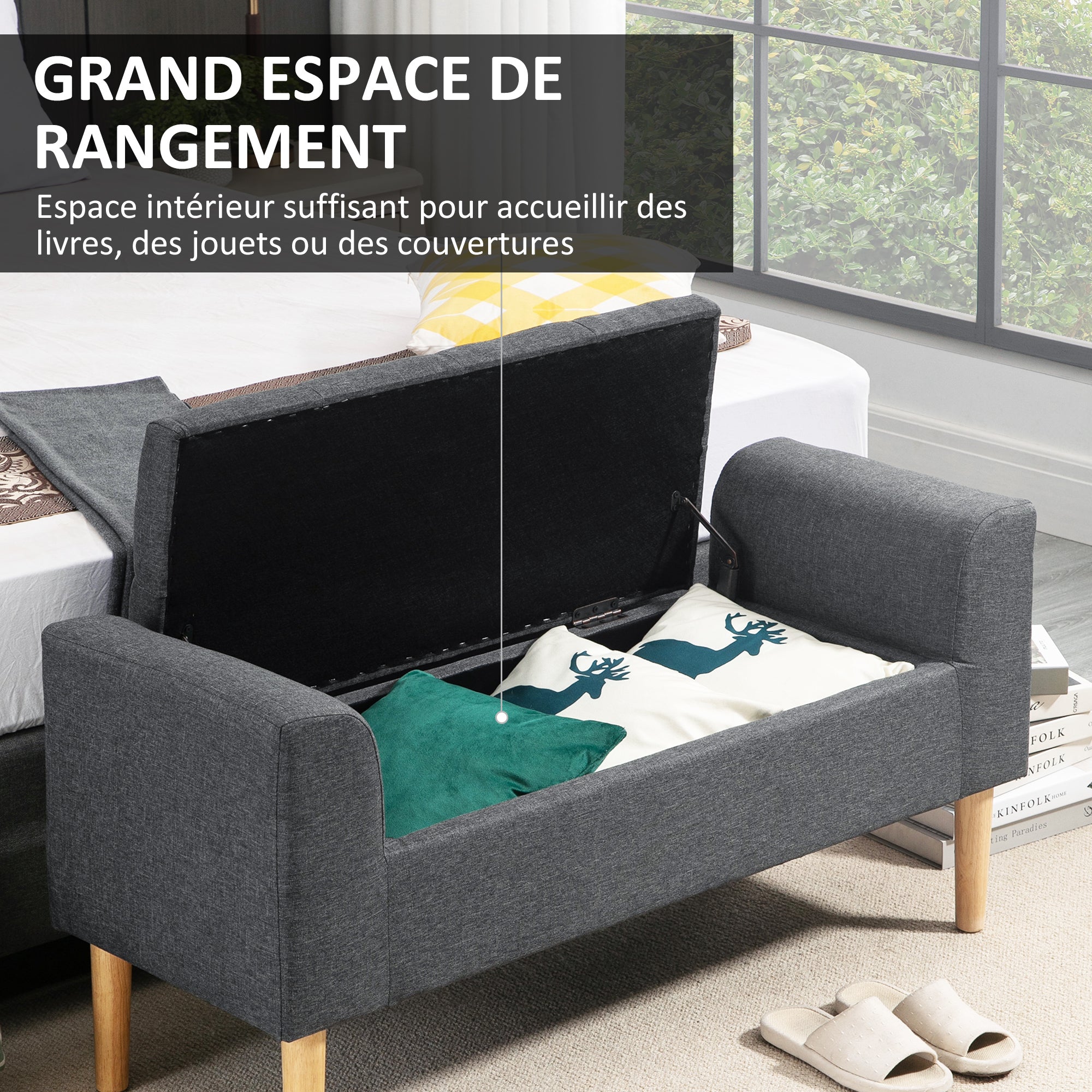 Banc coffre rangement capitonné banquette avec accoudoirs, banc de rangement pour la chambre à coucher, entrée, salon, charge 130 Kg dim. 116 x 44 x 58 cm gris foncé