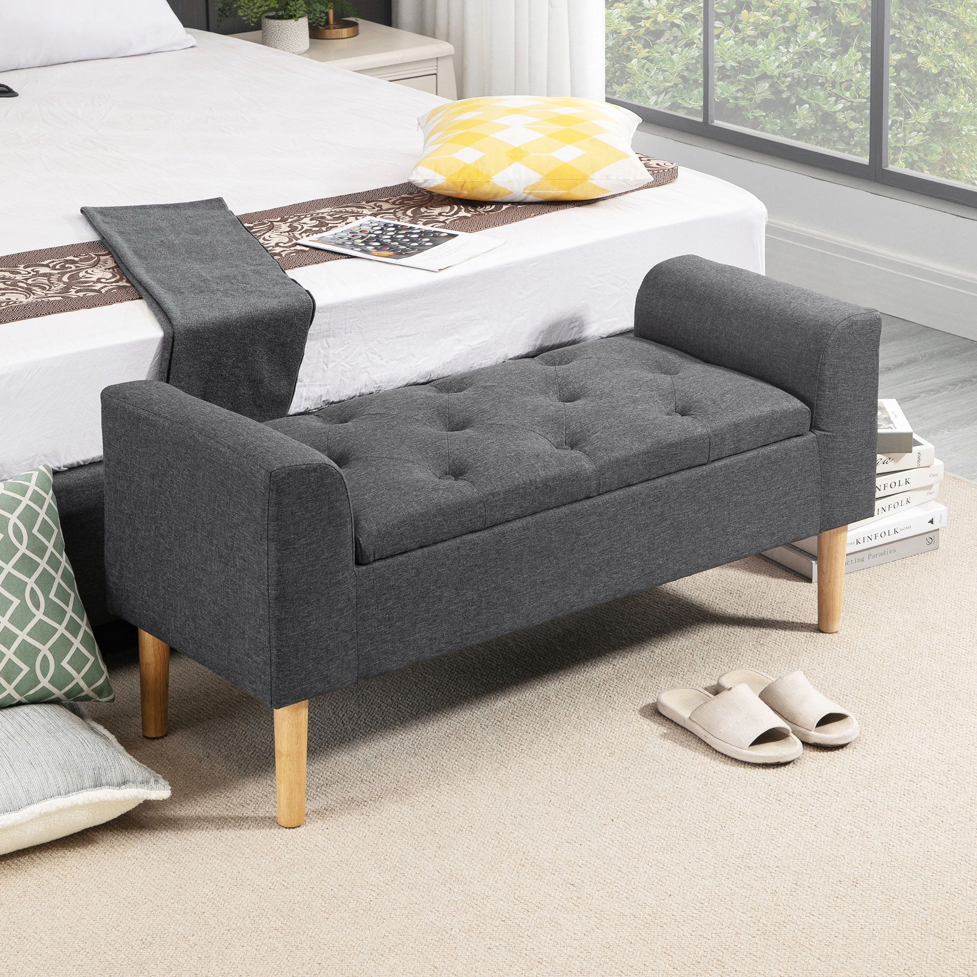 Banc coffre rangement capitonné banquette avec accoudoirs, banc de rangement pour la chambre à coucher, entrée, salon, charge 130 Kg dim. 116 x 44 x 58 cm gris foncé
