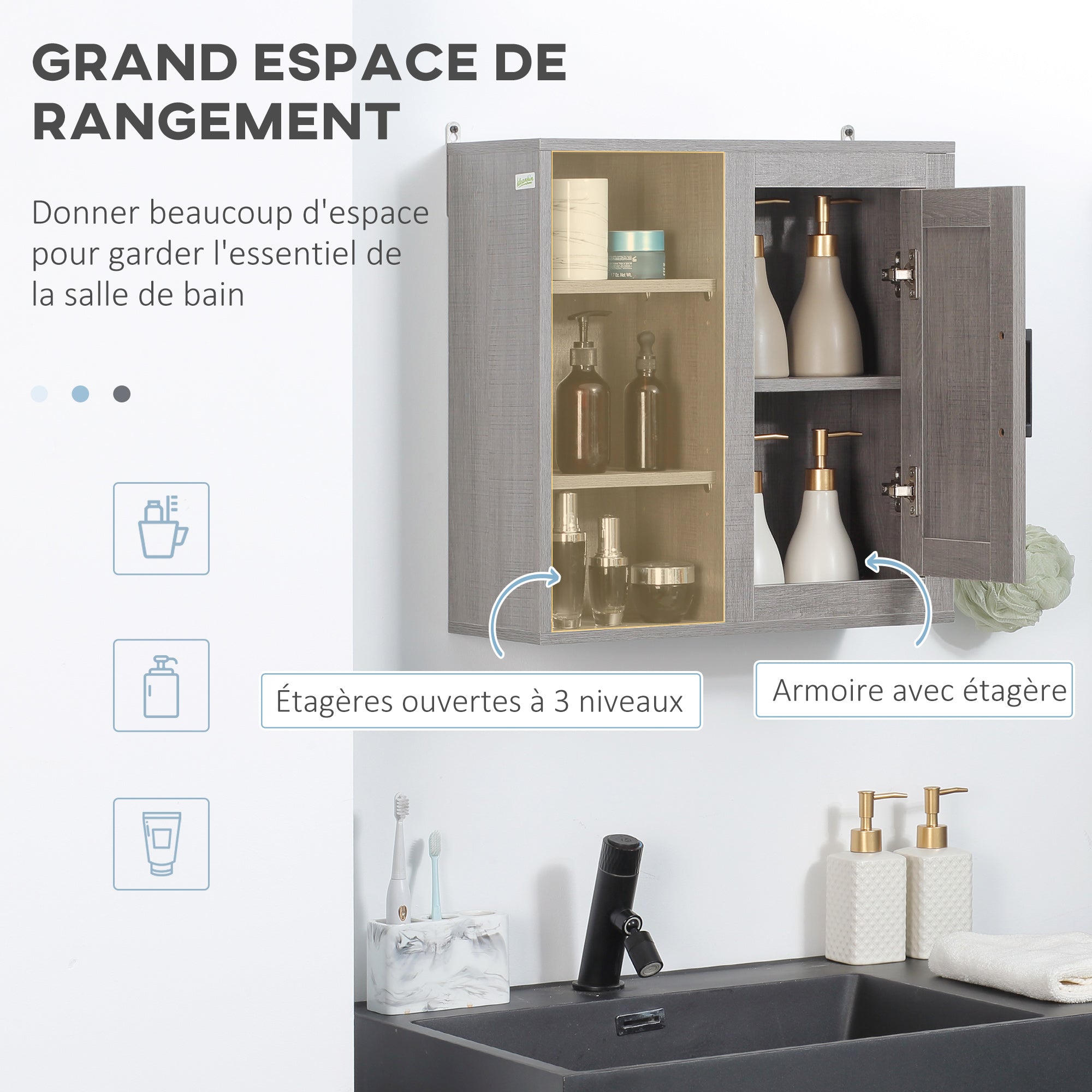 Meuble Mural Meuble de Rangement Suspendu Armoire Murale pour Salle de Bains Placard de Rangement Armoire de Toilette avec étagères et Une Porte - 48 x 20 x 50 cm - Gris