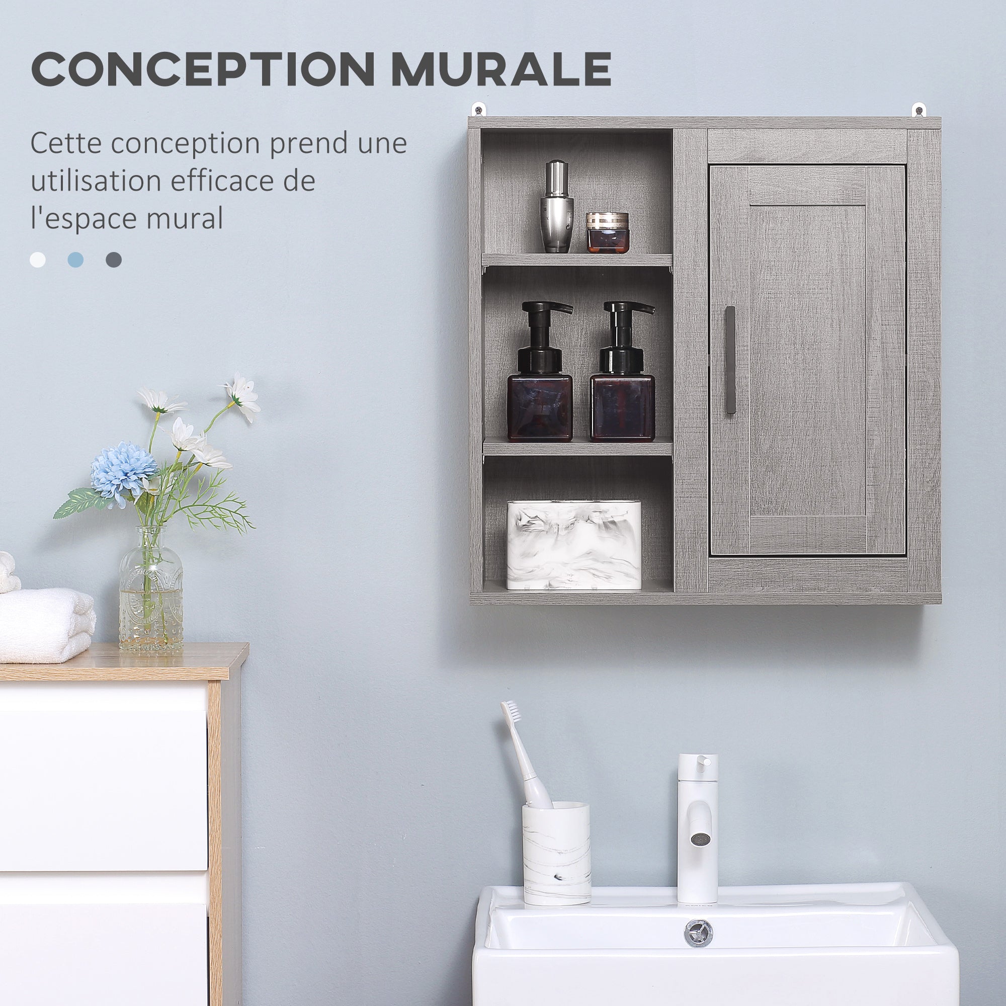 Meuble Mural Meuble de Rangement Suspendu Armoire Murale pour Salle de Bains Placard de Rangement Armoire de Toilette avec étagères et Une Porte - 48 x 20 x 50 cm - Gris