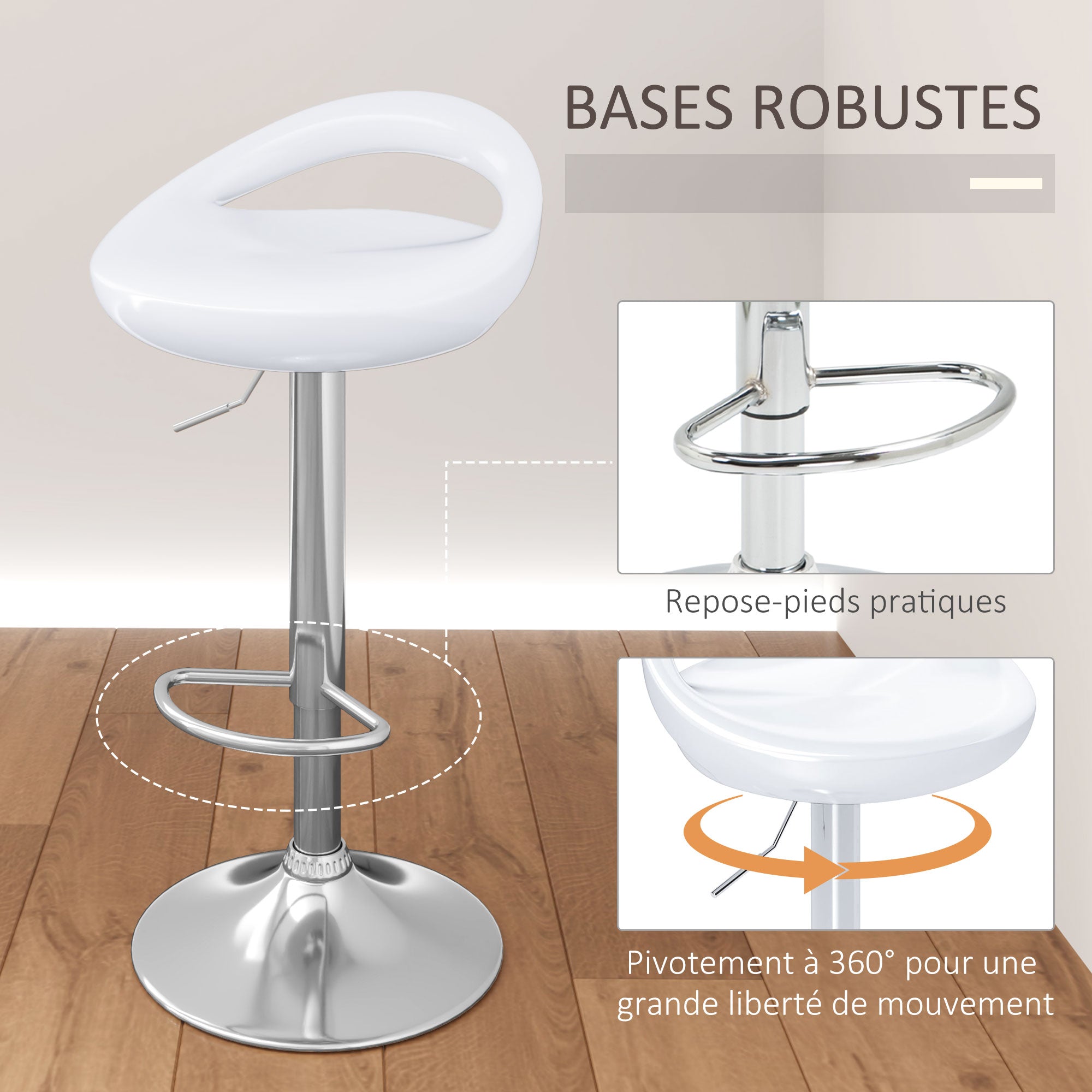 Lot de 2 tabourets de bar, chaises de bar réglable en hauteur, chaise haute cuisine avec dossier et repose-pieds, pivotant à 360°, ABS et métal, pour salle à manger, comptoir, blanc