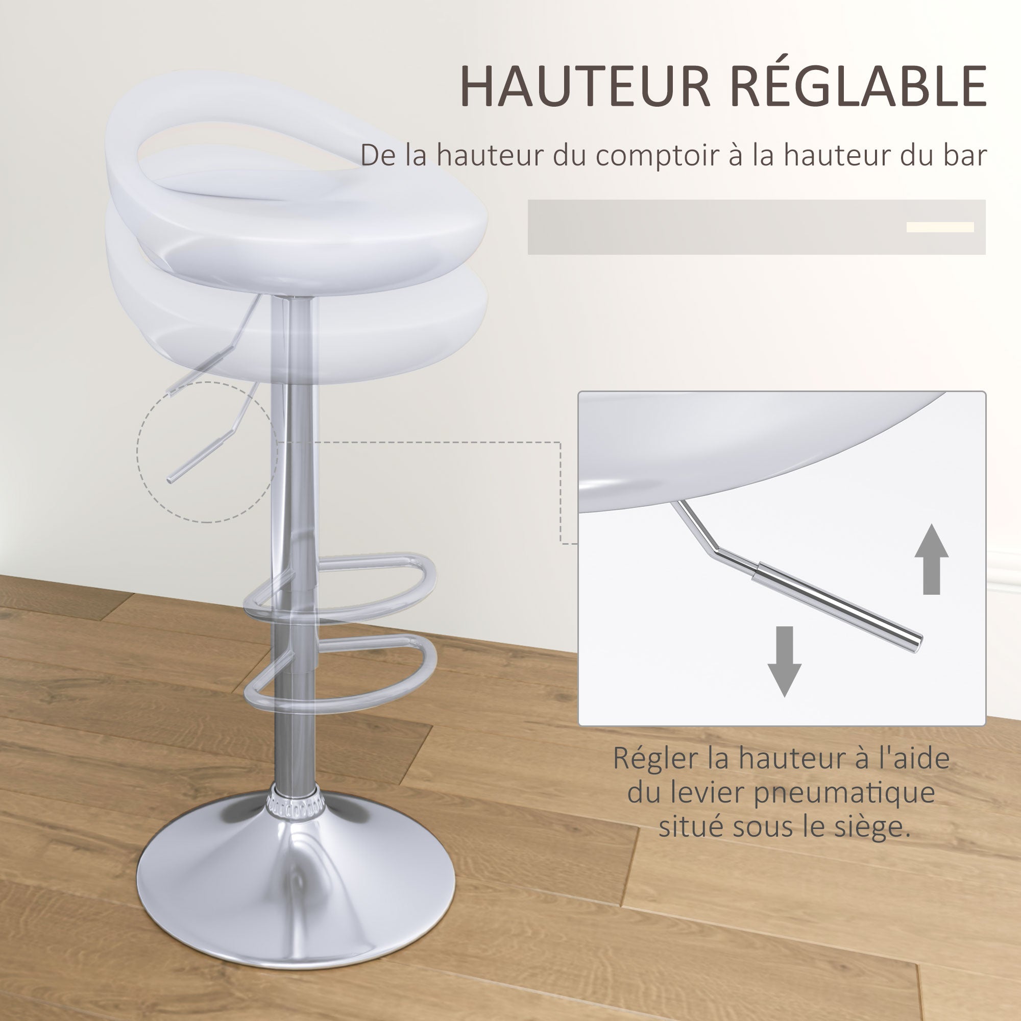 Lot de 2 tabourets de bar, chaises de bar réglable en hauteur, chaise haute cuisine avec dossier et repose-pieds, pivotant à 360°, ABS et métal, pour salle à manger, comptoir, blanc