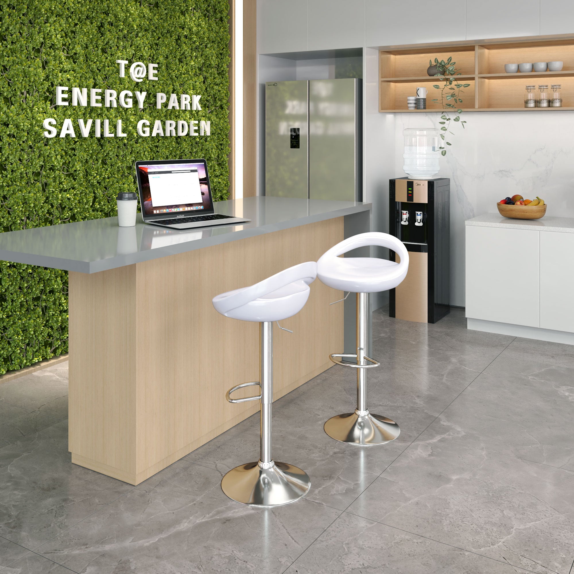 Lot de 2 tabourets de bar, chaises de bar réglable en hauteur, chaise haute cuisine avec dossier et repose-pieds, pivotant à 360°, ABS et métal, pour salle à manger, comptoir, blanc