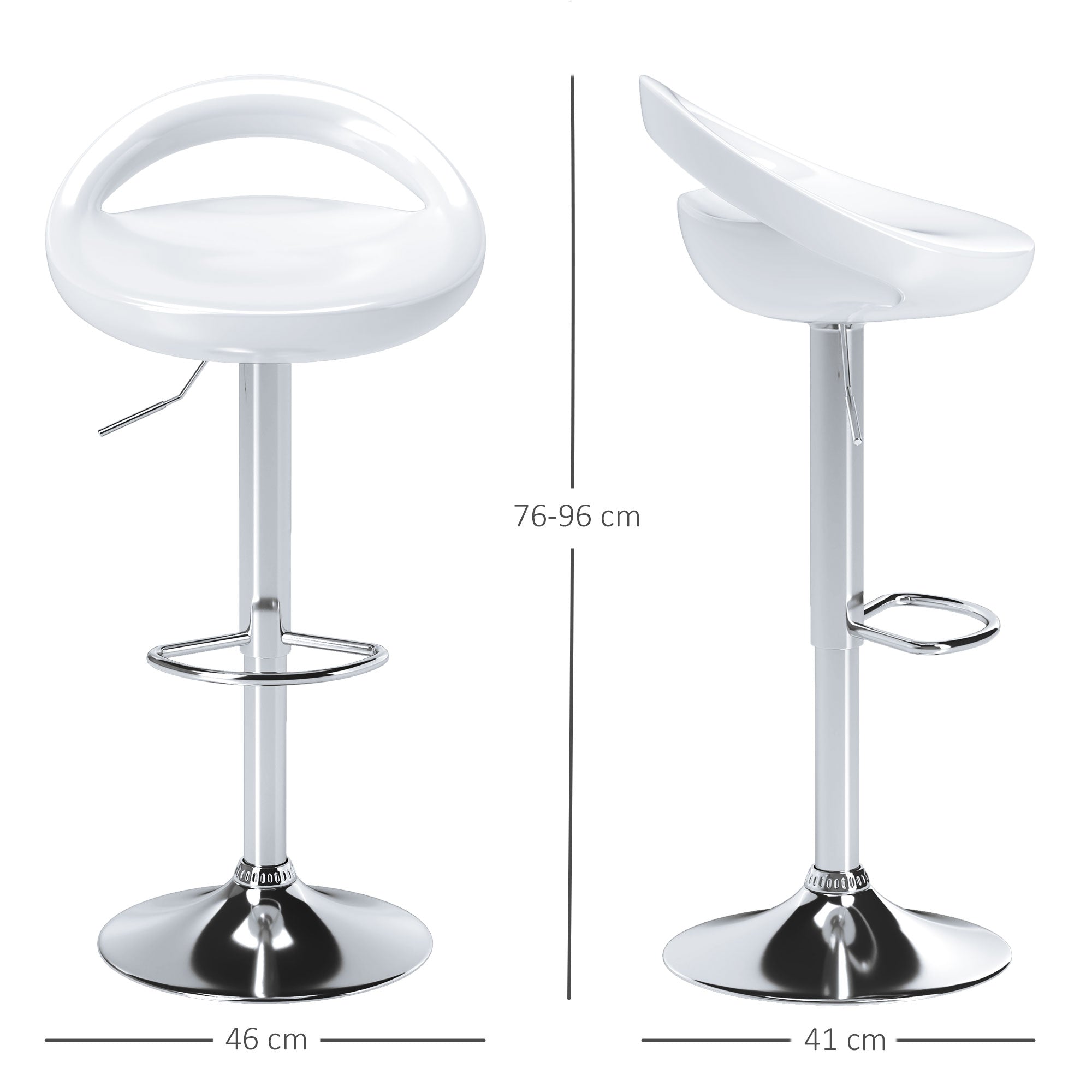 Lot de 2 tabourets de bar, chaises de bar réglable en hauteur, chaise haute cuisine avec dossier et repose-pieds, pivotant à 360°, ABS et métal, pour salle à manger, comptoir, blanc