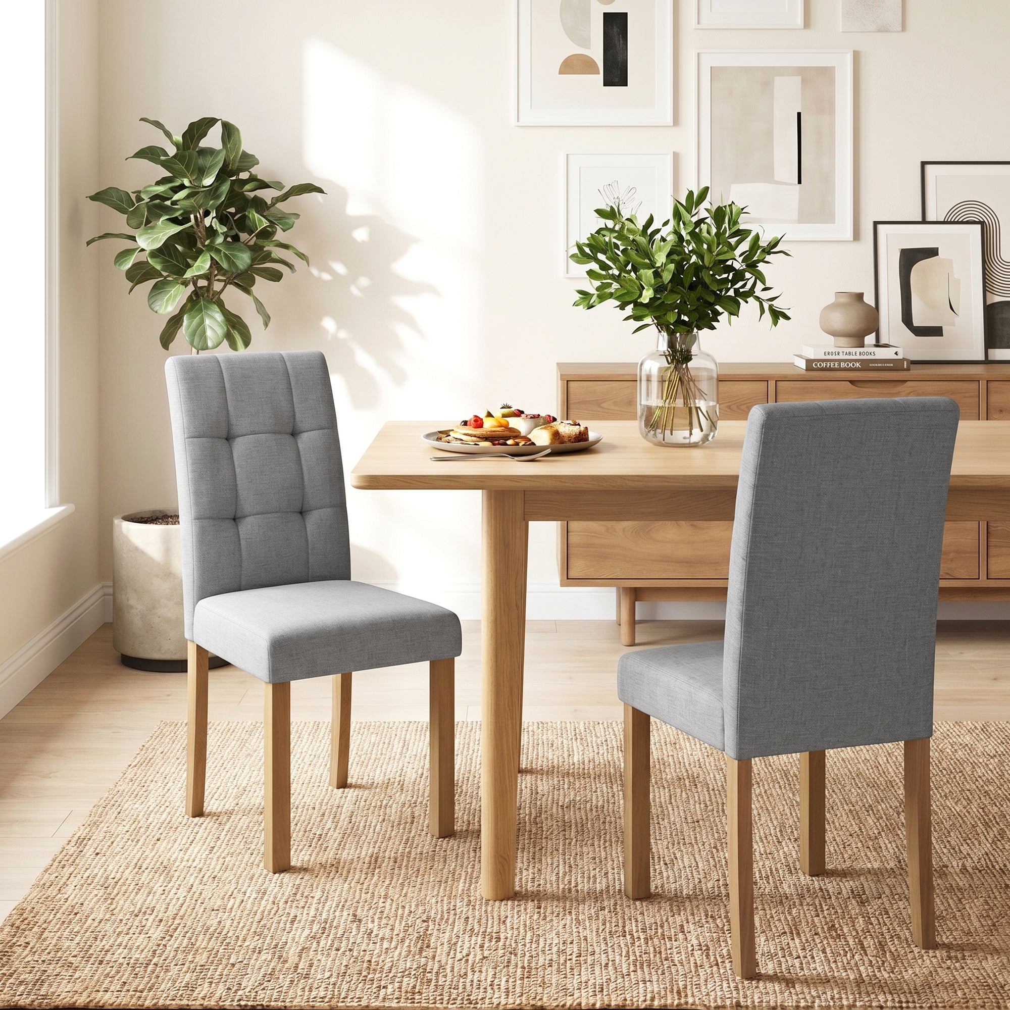 Lot de 2 chaises de salle à manger, chaise de cuisine moderne avec siège rembourré en tissu effet lin et pieds en bois d'hévéa, pour salon, salle à manger, gris clair et naturel