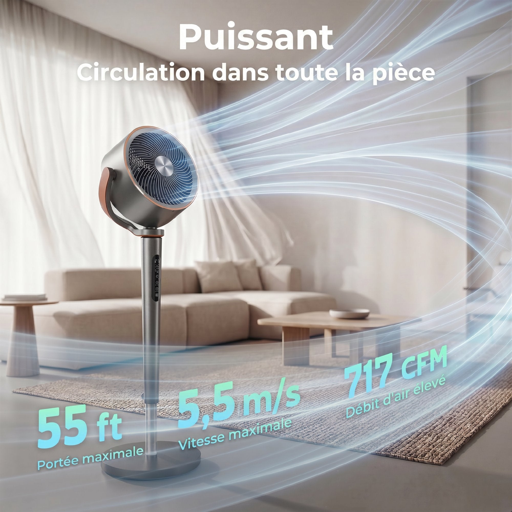 Ventilateur sur pied silencieux 20 dB pour chambre, télécommande, circulateur d'air, oscillation 70°+90°, 12 vitesses, minuterie 12H, lumière LED, moteur BLDC puissant, hauteur réglable, gris