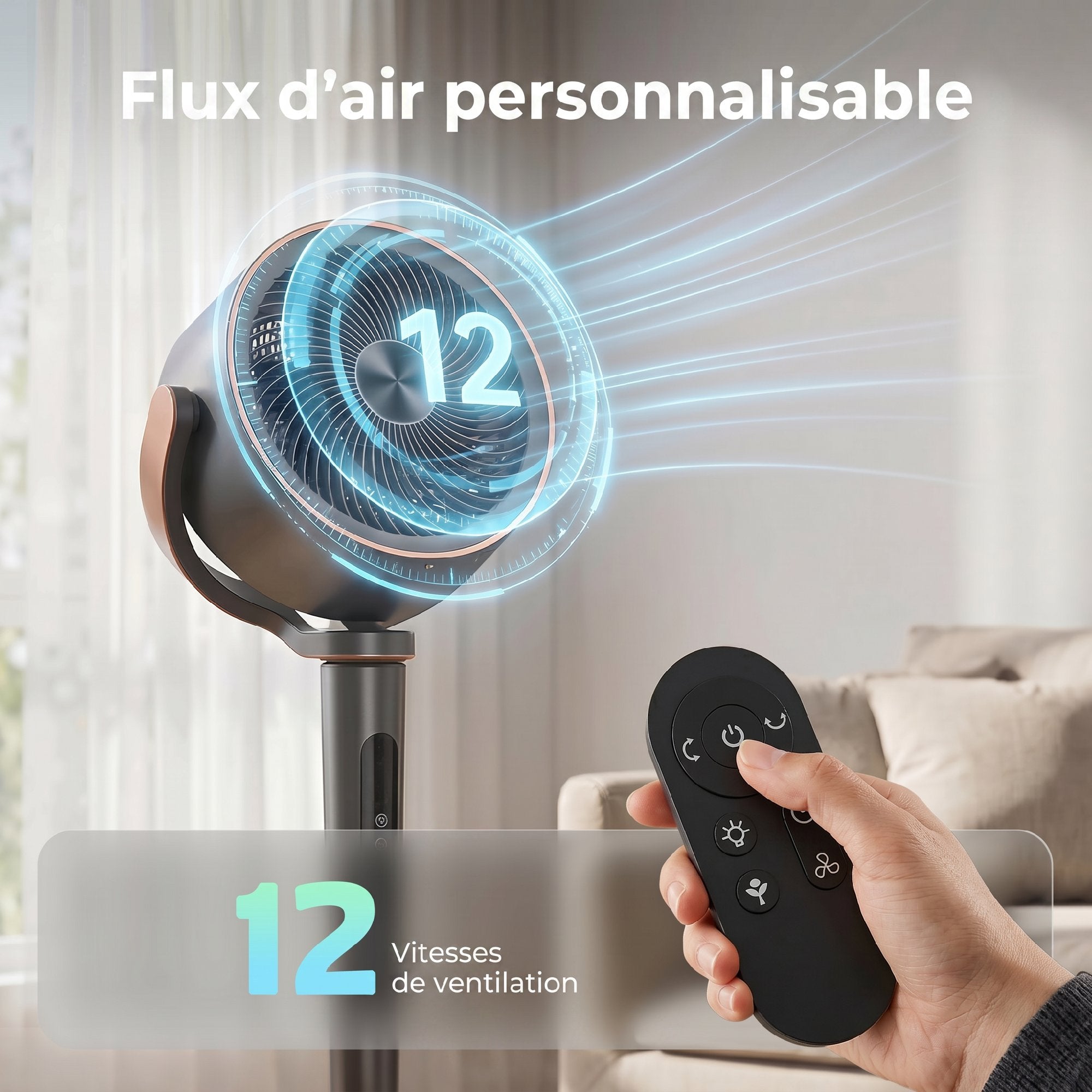 Ventilateur sur pied silencieux 20 dB pour chambre, télécommande, circulateur d'air, oscillation 70°+90°, 12 vitesses, minuterie 12H, lumière LED, moteur BLDC puissant, hauteur réglable, gris
