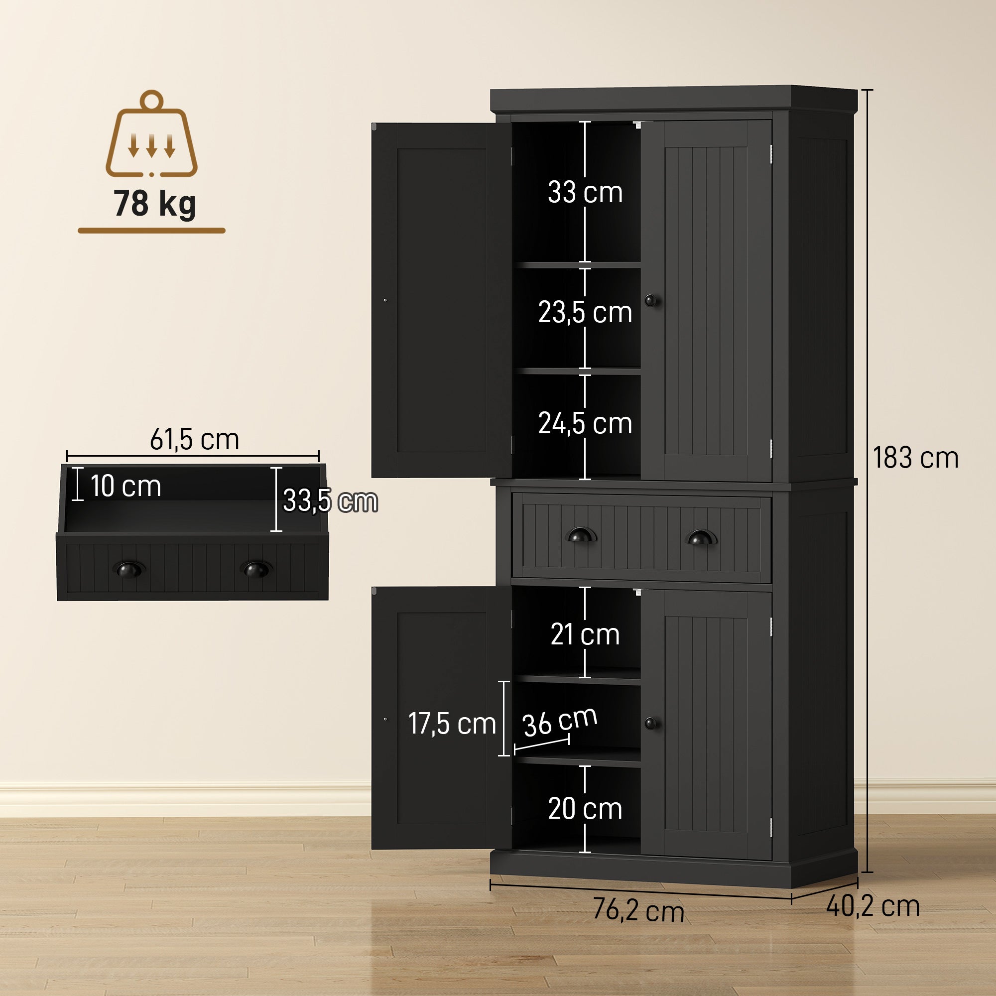 Buffet haut cuisine, armoire de cuisine, vaisselier avec 4 portes, tiroir et étagères réglables, meuble de rangement pour salon, salle à manger, 76,2 x 40,2 x 183 cm, noir