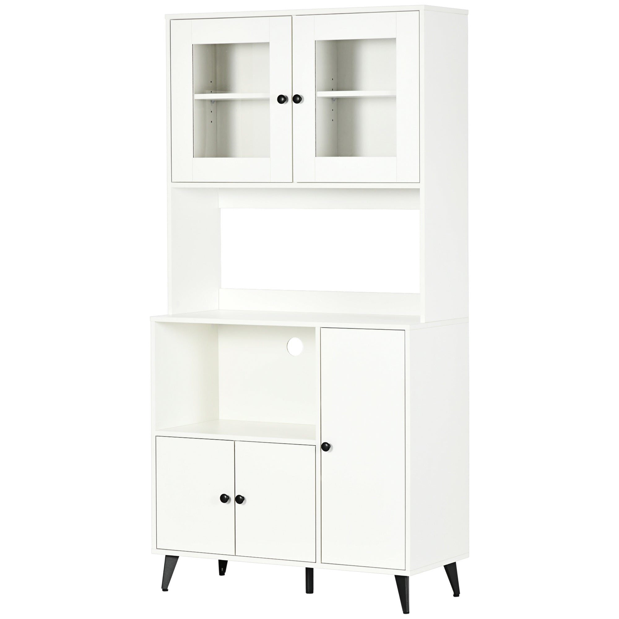 Armoire de cuisine buffet cuisine meuble de rangement avec 3 placards, niches, étagères réglables, portes vitrées, passe-câble, meuble micro onde pour salle à manger, salon, 90x40x180cm, blanc