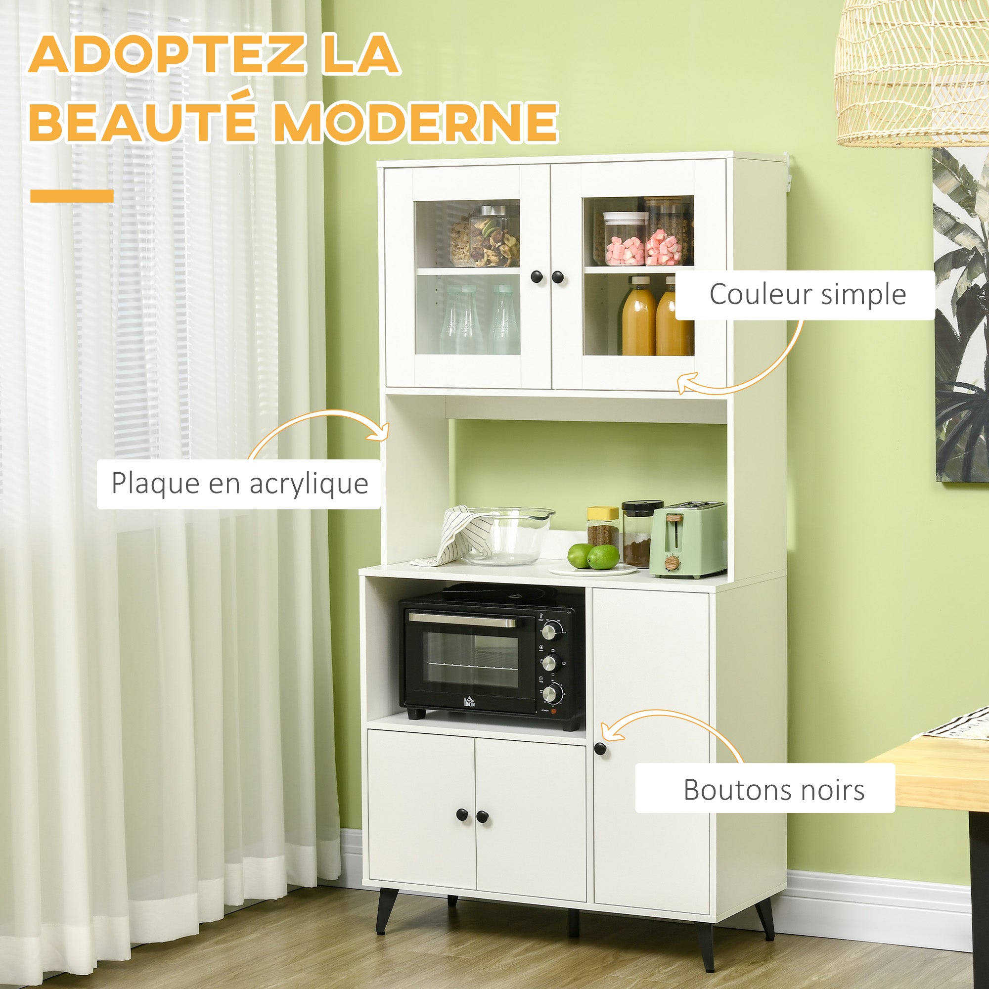 Armoire de cuisine buffet cuisine meuble de rangement avec 3 placards, niches, étagères réglables, portes vitrées, passe-câble, meuble micro onde pour salle à manger, salon, 90x40x180cm, blanc