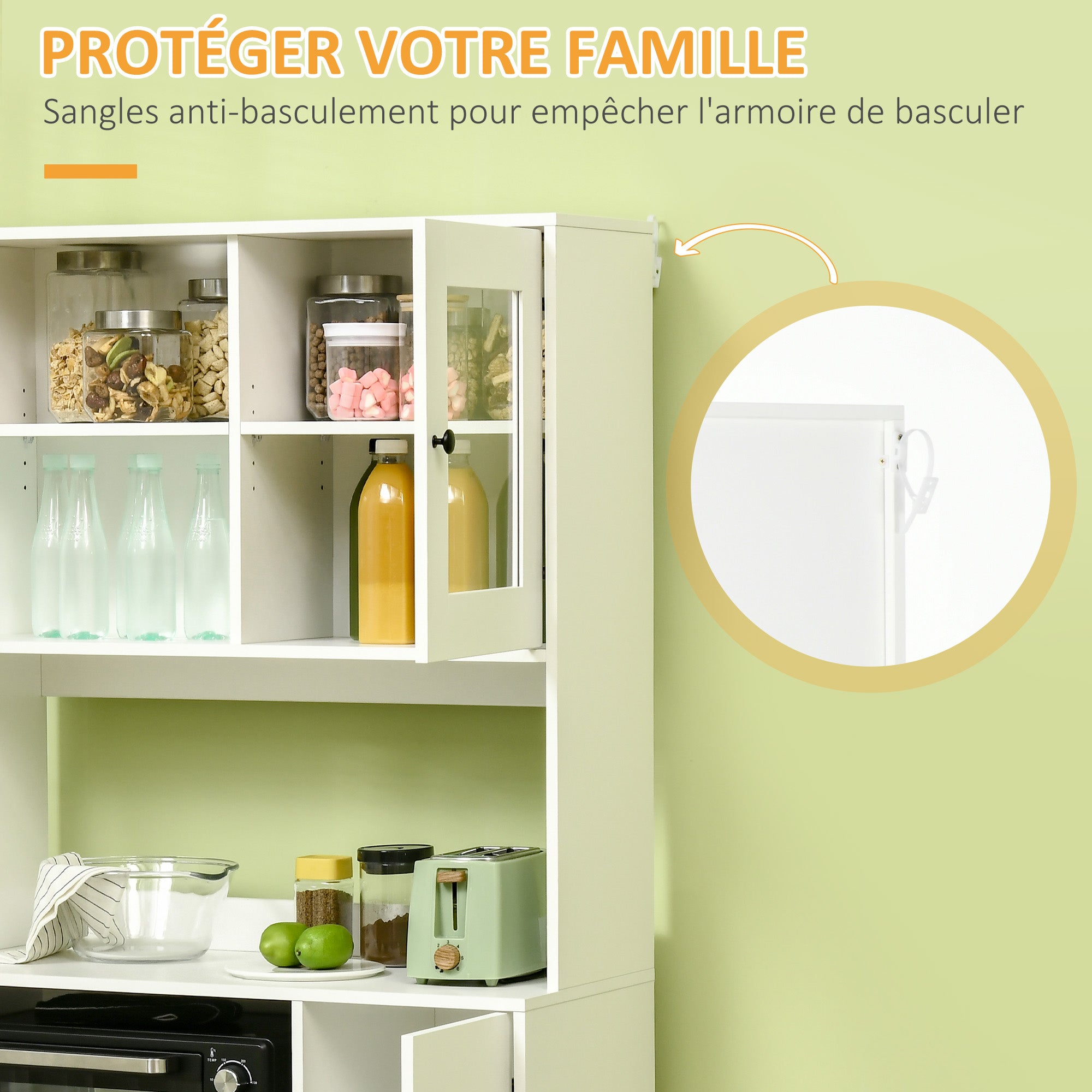 Armoire de cuisine buffet cuisine meuble de rangement avec 3 placards, niches, étagères réglables, portes vitrées, passe-câble, meuble micro onde pour salle à manger, salon, 90x40x180cm, blanc