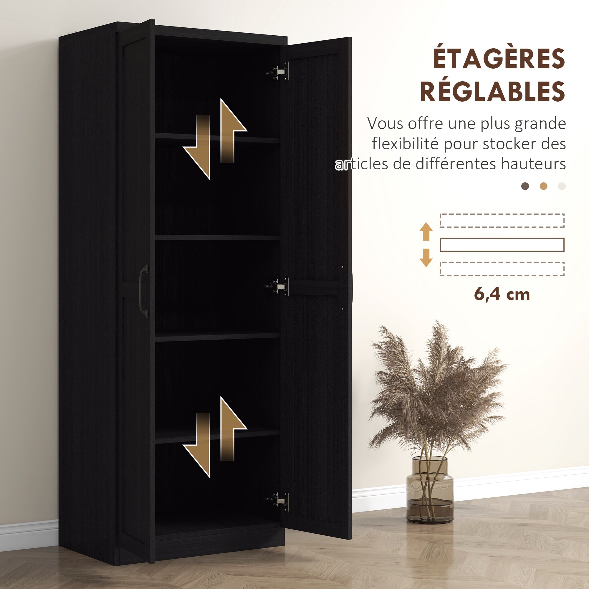 Buffet cuisine, meuble cuisine rangement, meuble de rangement, vaisselier moderne avec double porte et 2 étagères réglables, pour salle à manger, salon, 60 x 40 x 160 cm, noir