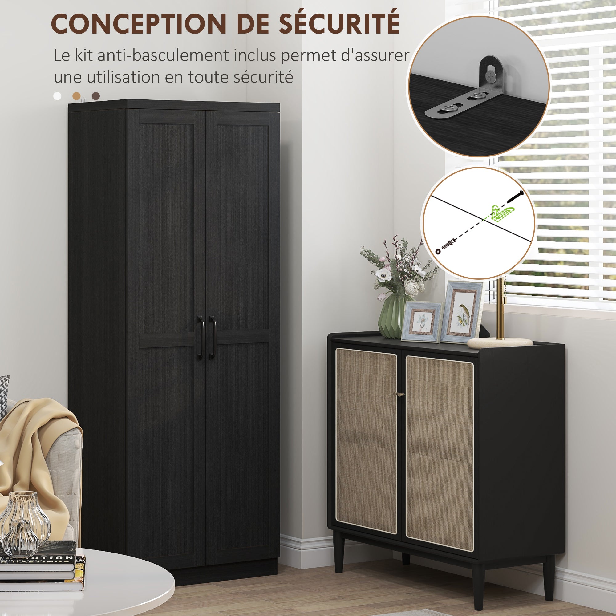 Buffet cuisine, meuble cuisine rangement, meuble de rangement, vaisselier moderne avec double porte et 2 étagères réglables, pour salle à manger, salon, 60 x 40 x 160 cm, noir