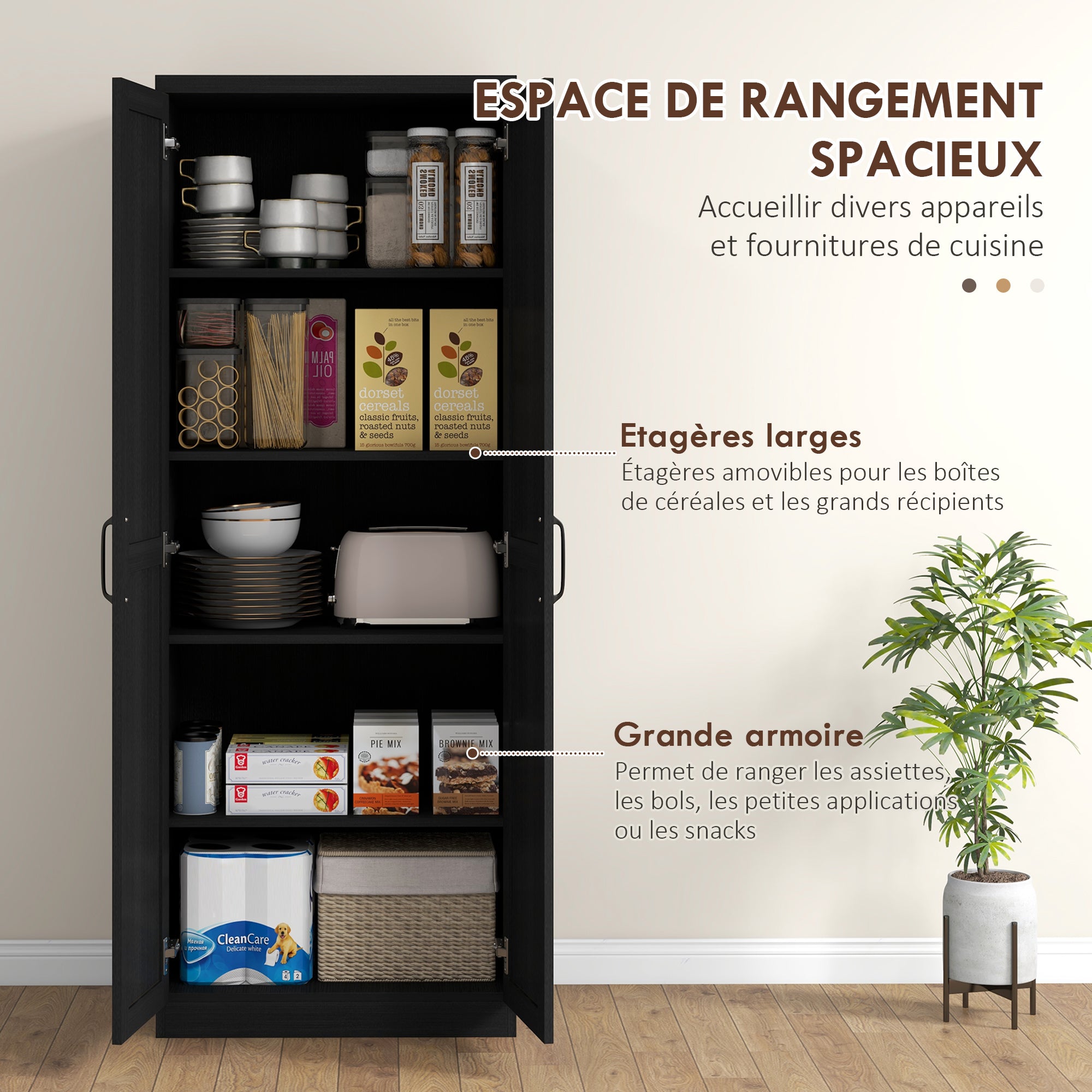 Buffet cuisine, meuble cuisine rangement, meuble de rangement, vaisselier moderne avec double porte et 2 étagères réglables, pour salle à manger, salon, 60 x 40 x 160 cm, noir