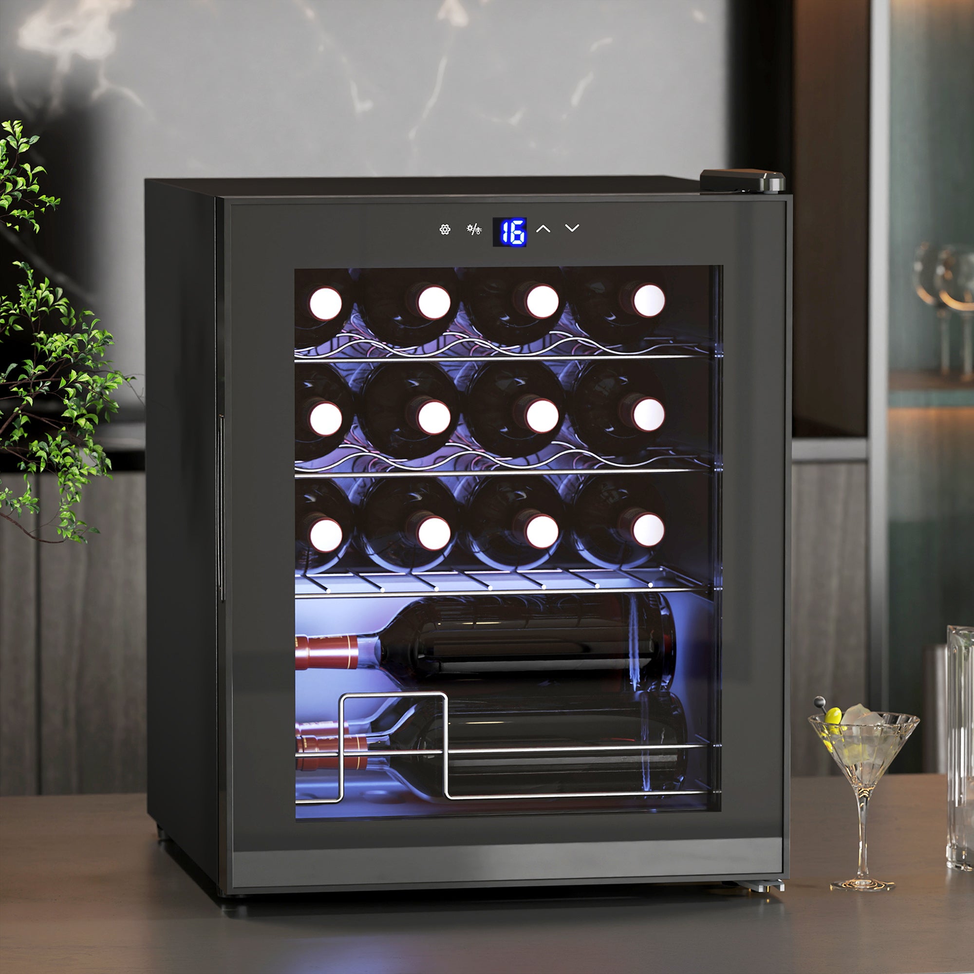 Cave à Vin 16 Bouteilles 42L, Réfrigérateur à Vin et Boissons avec Température Réglable 5-18°C, Porte en Verre Trempé, Étagères Ajustables, Écran Tactile, Éclairage LED, Noir