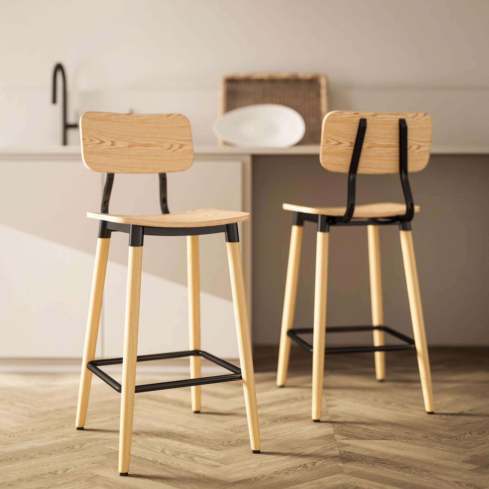 Lot de 2 tabourets de bar, chaises de bar, structure en acier, chaise haute cuisine avec dossier, hauteur réglable et repose-pieds, pieds en acier, hauteur du 94 cm, effet bois naturel