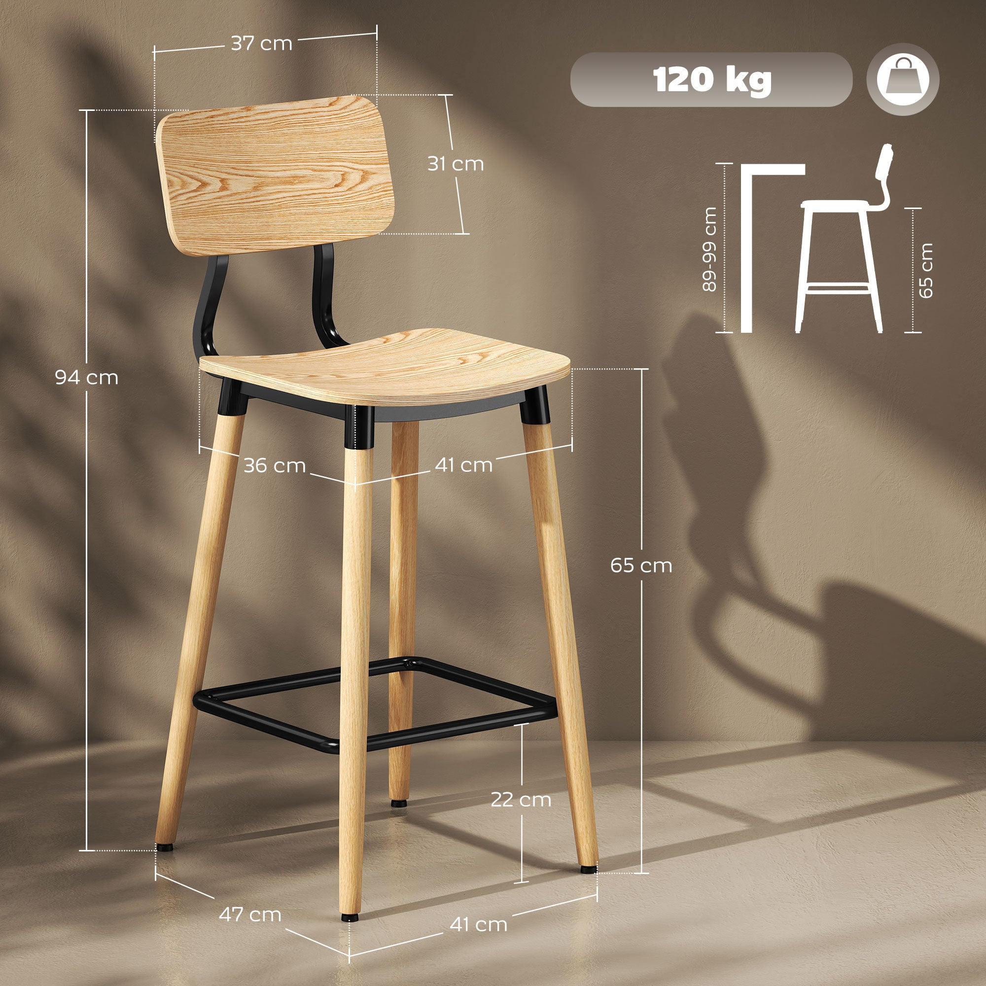 Lot de 2 tabourets de bar, chaises de bar, structure en acier, chaise haute cuisine avec dossier, hauteur réglable et repose-pieds, pieds en acier, hauteur du 94 cm, effet bois naturel
