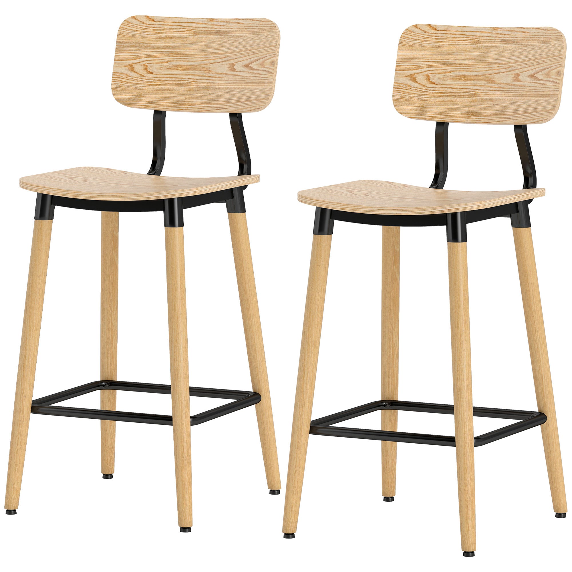 Lot de 2 tabourets de bar, chaises de bar, structure en acier, chaise haute cuisine avec dossier, hauteur réglable et repose-pieds, pieds en acier, hauteur du 94 cm, effet bois naturel