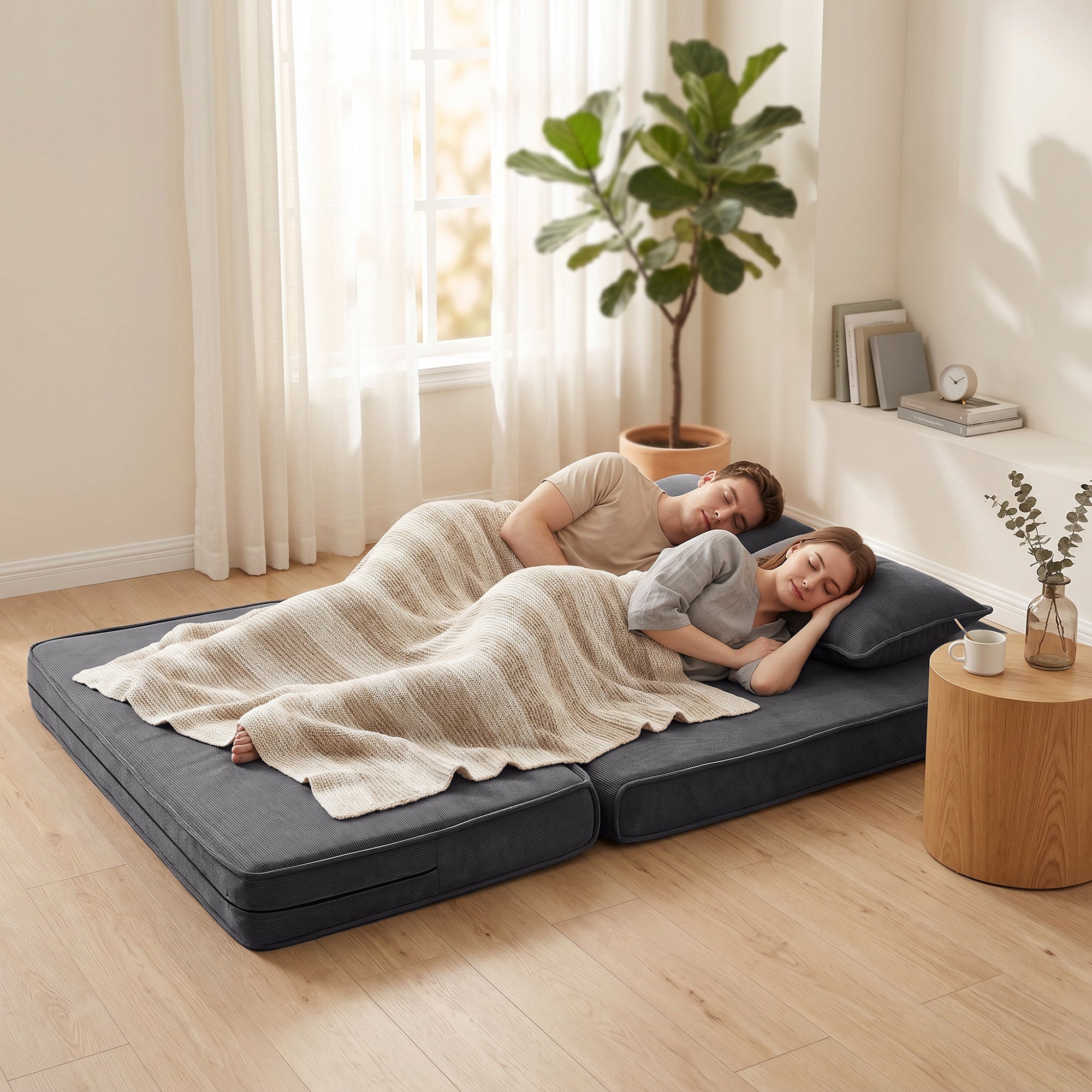 Canapé-Lit Pliant, Chauffeuse 2 Places Convertible Velours Côtelé, Matelas Pliable, Dossier Réglable, Assise Large, Coussin Épais et 2 Oreillers, pour Salon, Chambre et Bureau, Gris Foncé