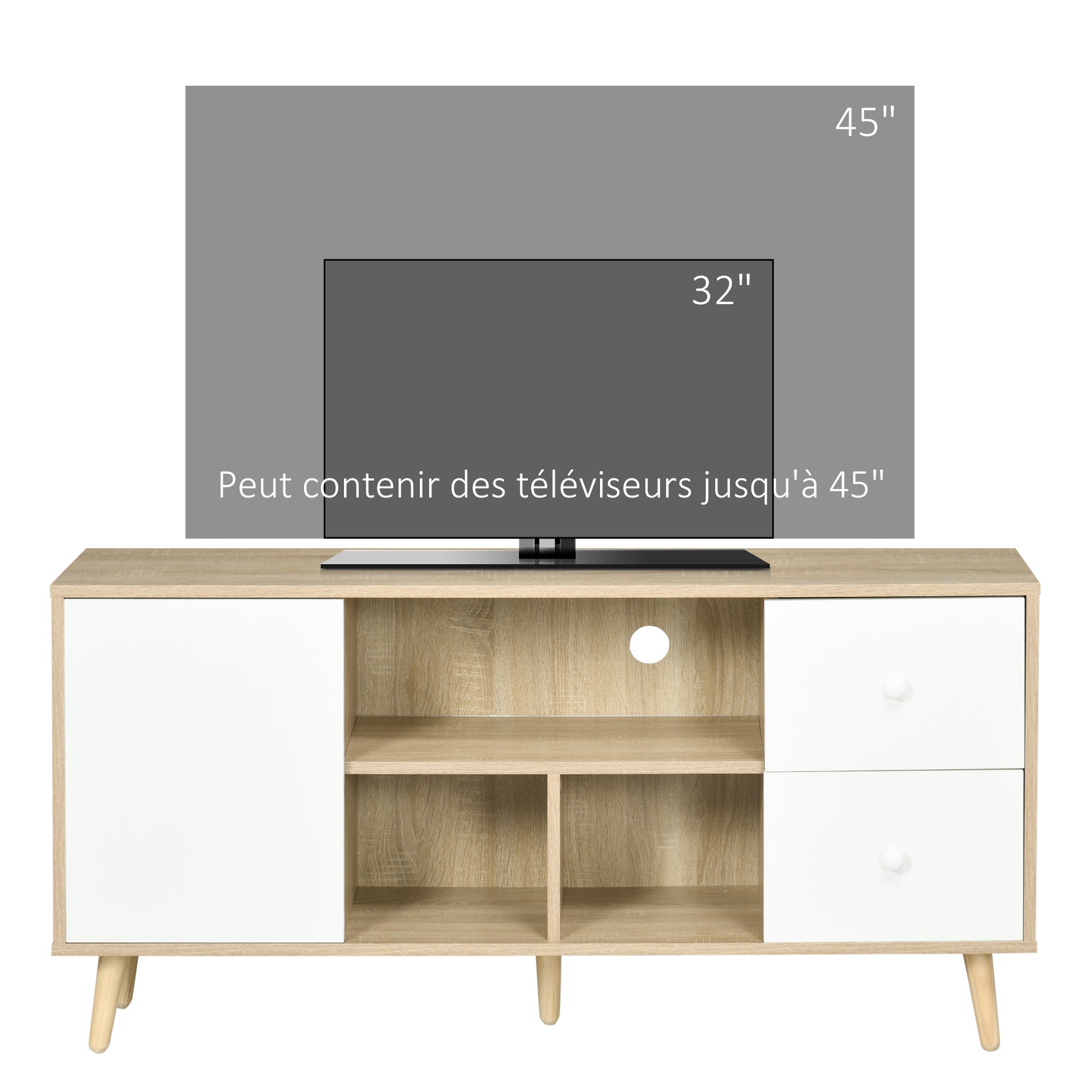 Meuble TV banc TV pour télévision jusqu'à 45 pouces pieds en bois massif style scandinave 3 niches 1 placard avec porte et 2 tiroirs 120 x 30 x 60 cm