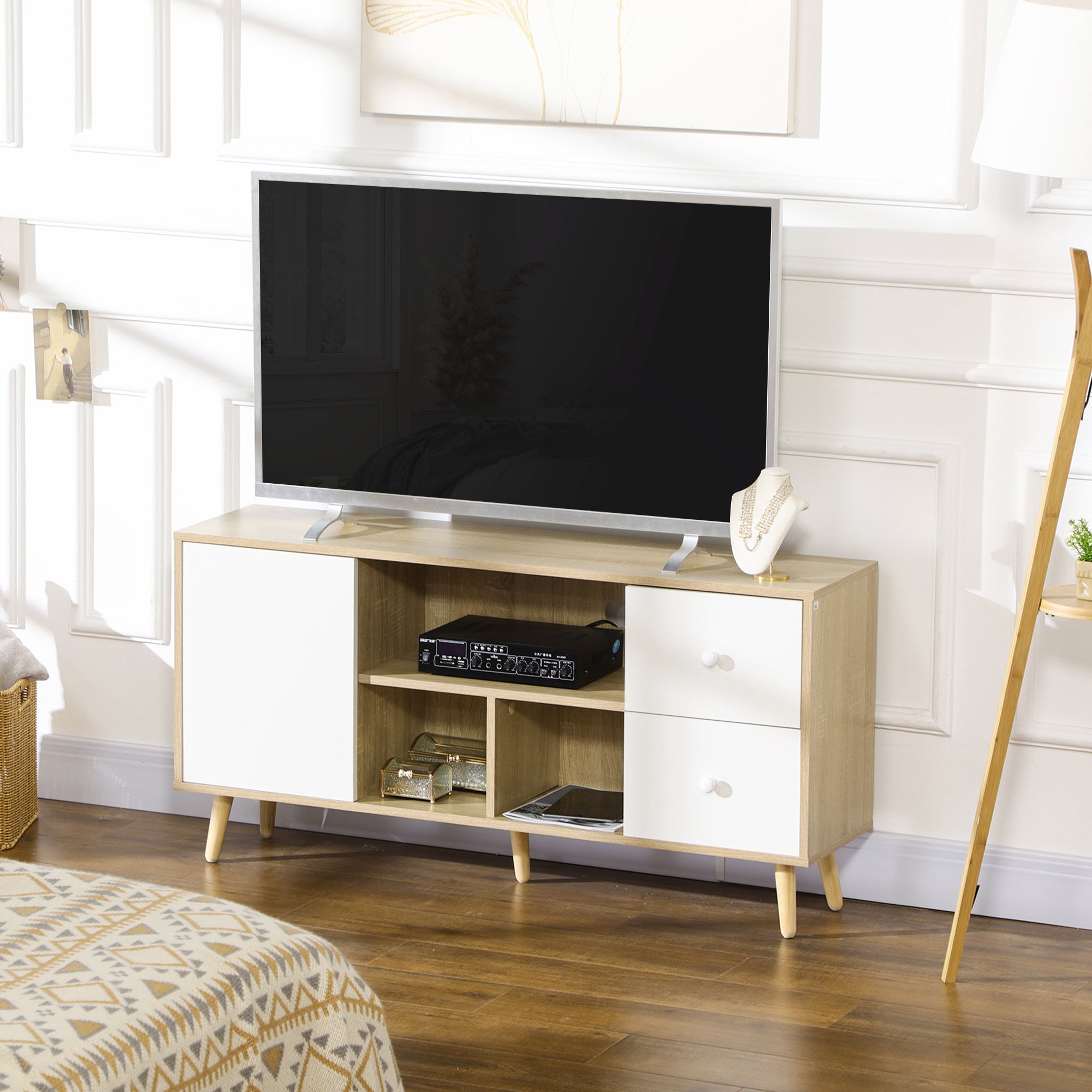 Meuble TV banc TV pour télévision jusqu'à 45 pouces pieds en bois massif style scandinave 3 niches 1 placard avec porte et 2 tiroirs 120 x 30 x 60 cm