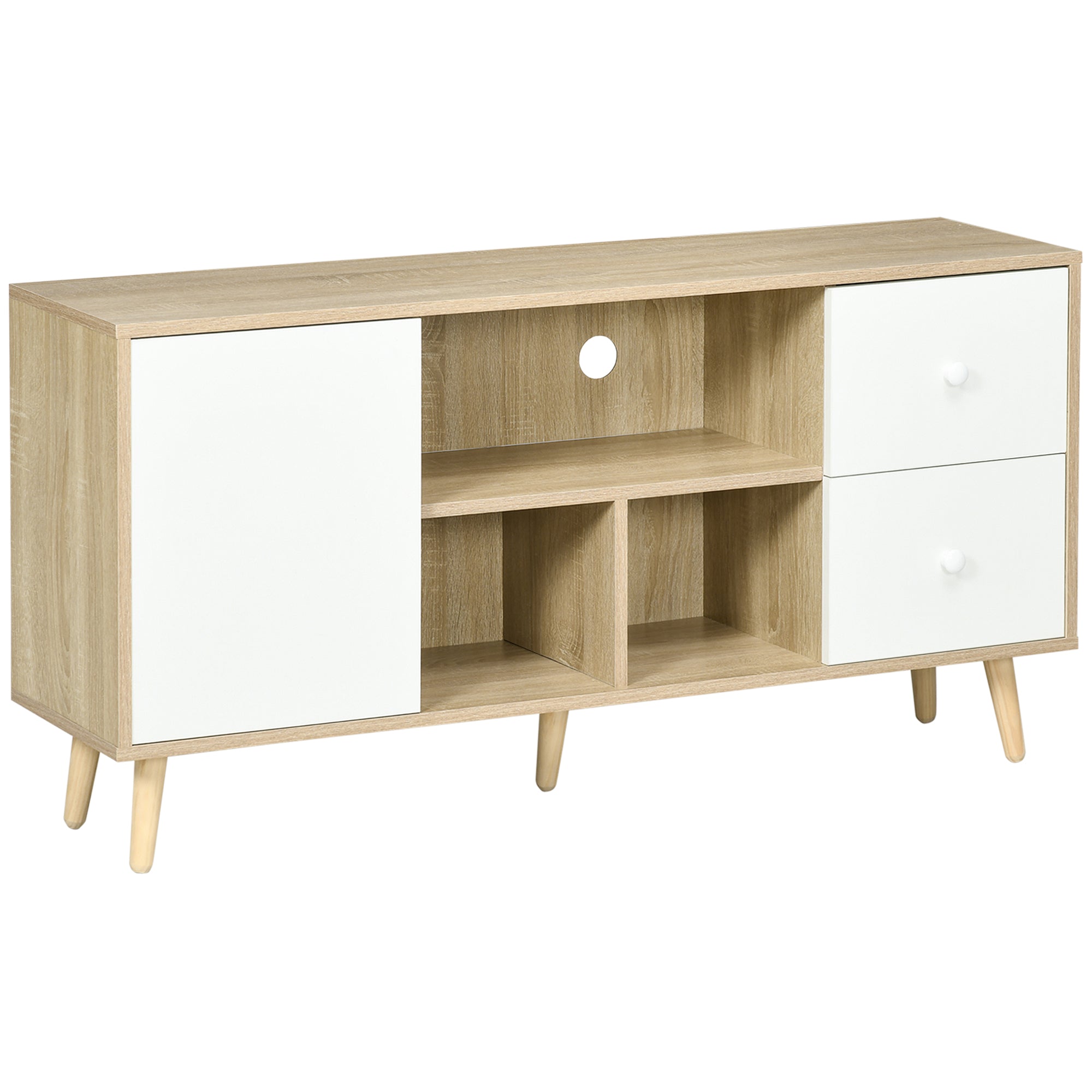 Meuble TV banc TV pour télévision jusqu'à 45 pouces pieds en bois massif style scandinave 3 niches 1 placard avec porte et 2 tiroirs 120 x 30 x 60 cm
