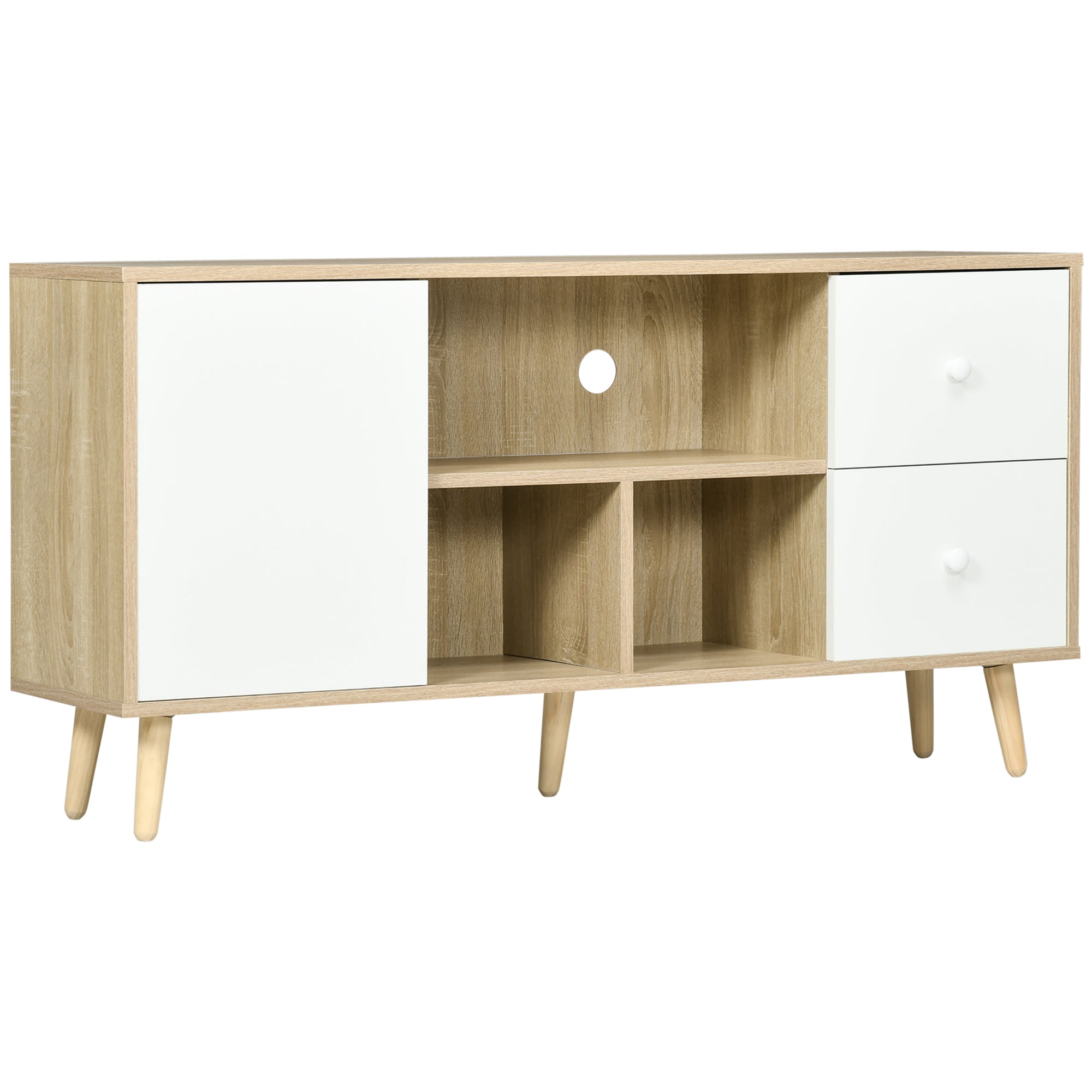 Meuble TV banc TV pour télévision jusqu'à 45 pouces pieds en bois massif style scandinave 3 niches 1 placard avec porte et 2 tiroirs 120 x 30 x 60 cm