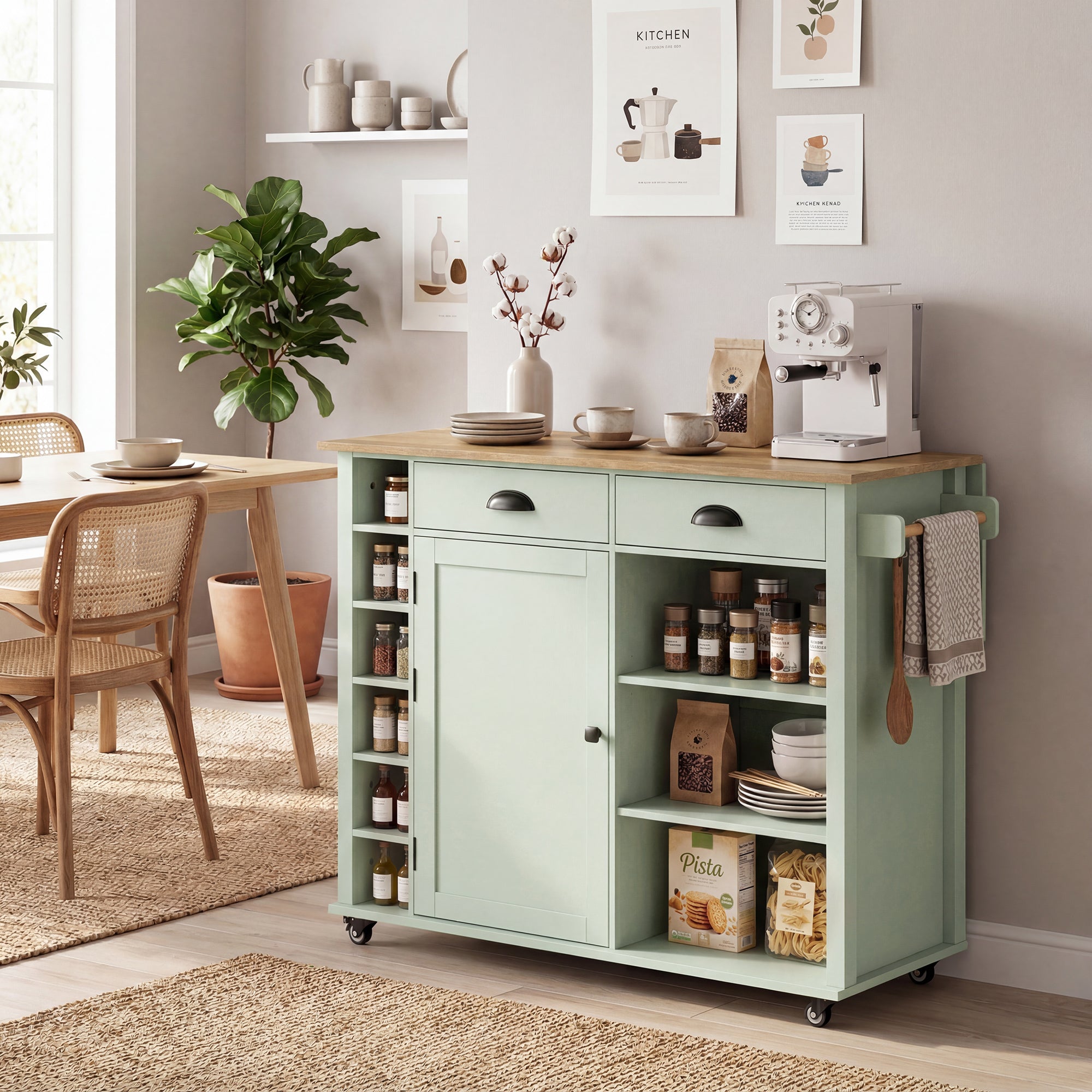 Îlot Central Cuisine avec Plateau Pliant, Desserte de Cuisine sur Roulettes avec Placard, 2 Tiroirs, Porte-Serviettes, Étagère Réglable, Compartimentss ouverts, 117,5 x 70 x 91 cm, Vert Clair