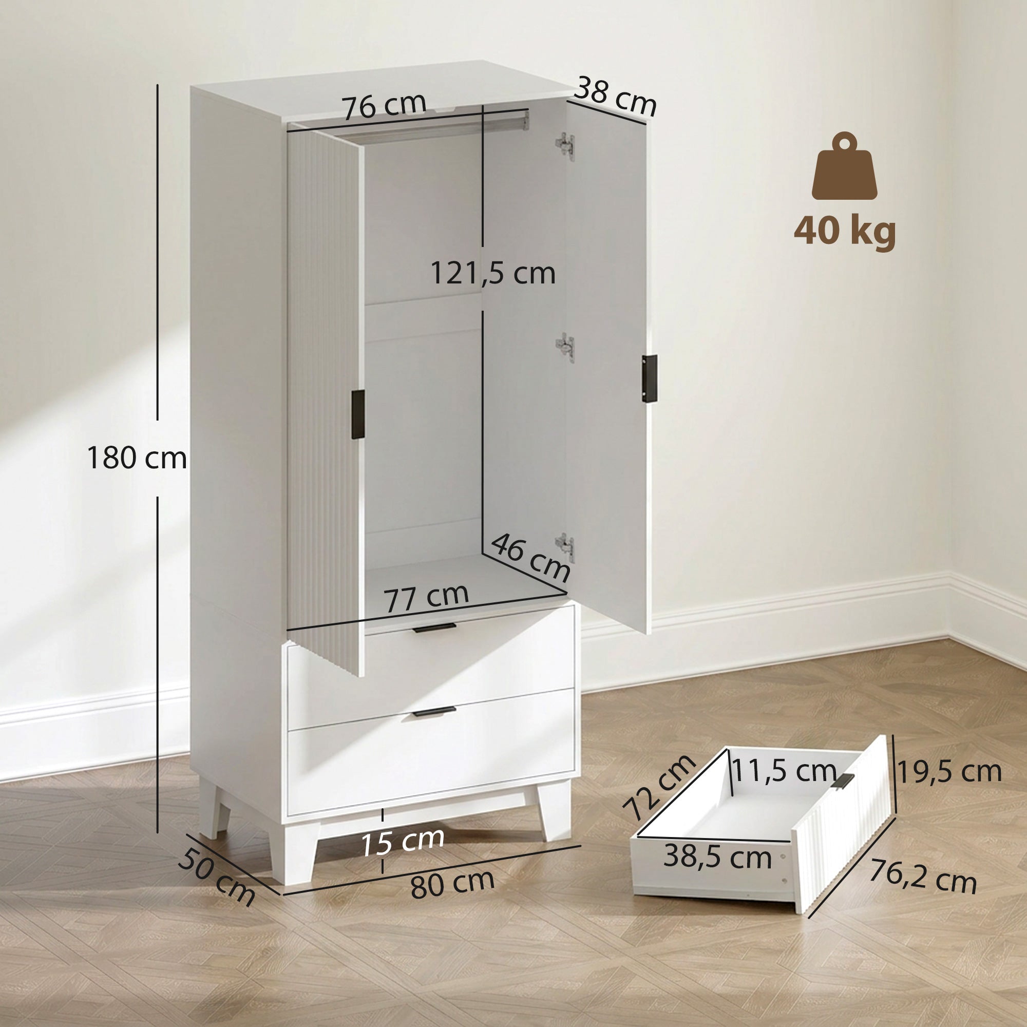 Armoire chambre penderie avec 2 portes cannelées à fermeture douce, 2 tiroirs et barre de suspension, armoire à vêtements, dressing, style moderne, 80 x 50 x 180 cm, blanc