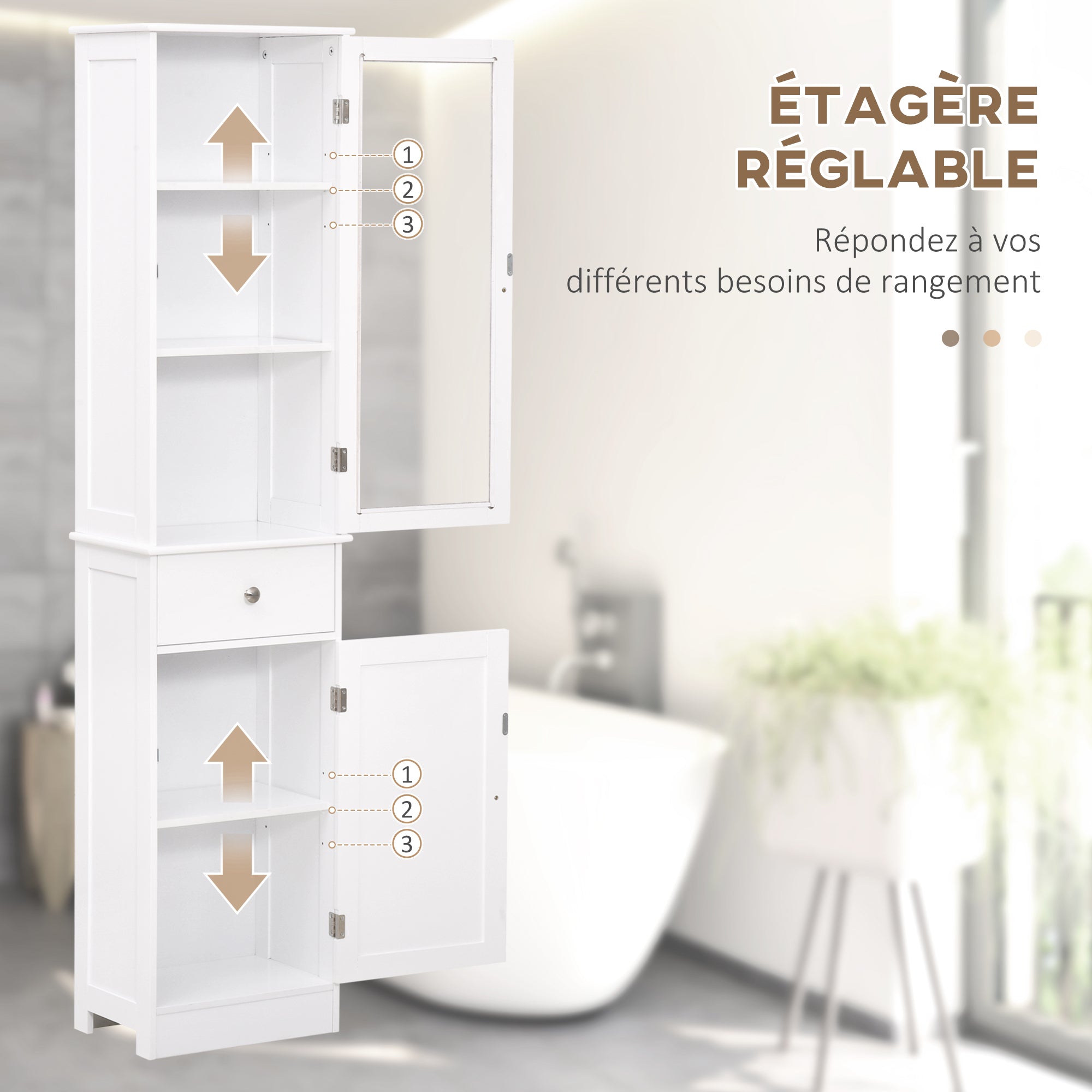 Meuble Colonne de Salle de Bain Placard Porte Acrylique 2 étagères Placard Porte 1 étagère tiroir MDF Blanc