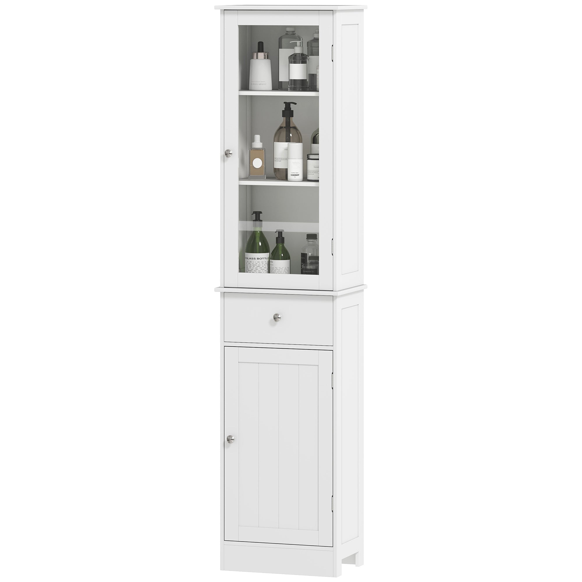 Meuble Colonne de Salle de Bain Placard Porte Acrylique 2 étagères Placard Porte 1 étagère tiroir MDF Blanc