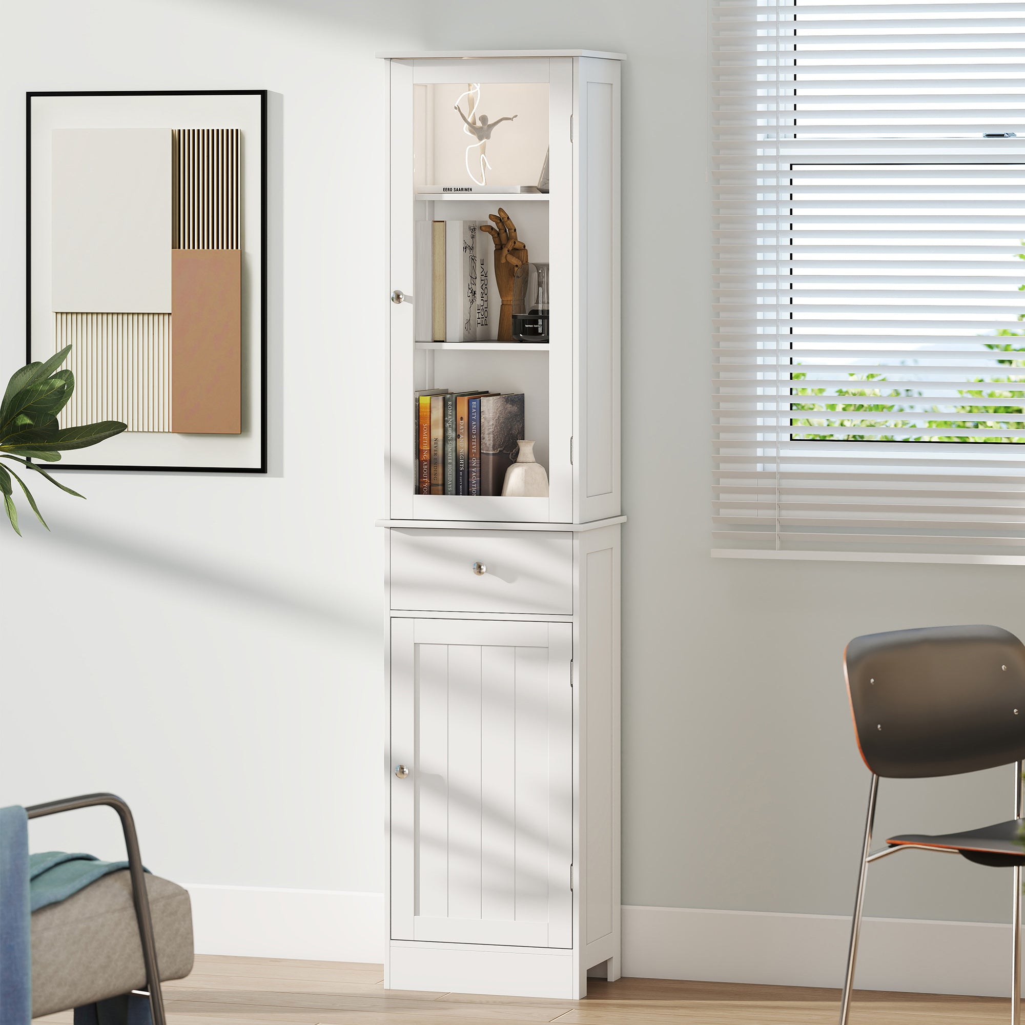 Meuble Colonne de Salle de Bain Placard Porte Acrylique 2 étagères Placard Porte 1 étagère tiroir MDF Blanc