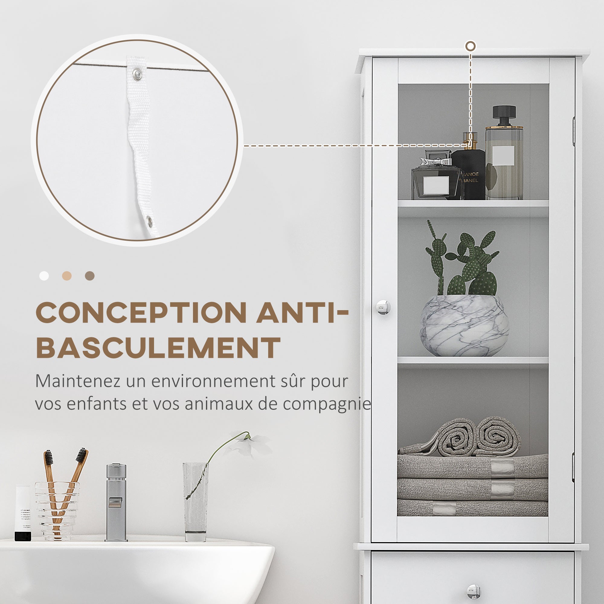 Meuble Colonne de Salle de Bain Placard Porte Acrylique 2 étagères Placard Porte 1 étagère tiroir MDF Blanc