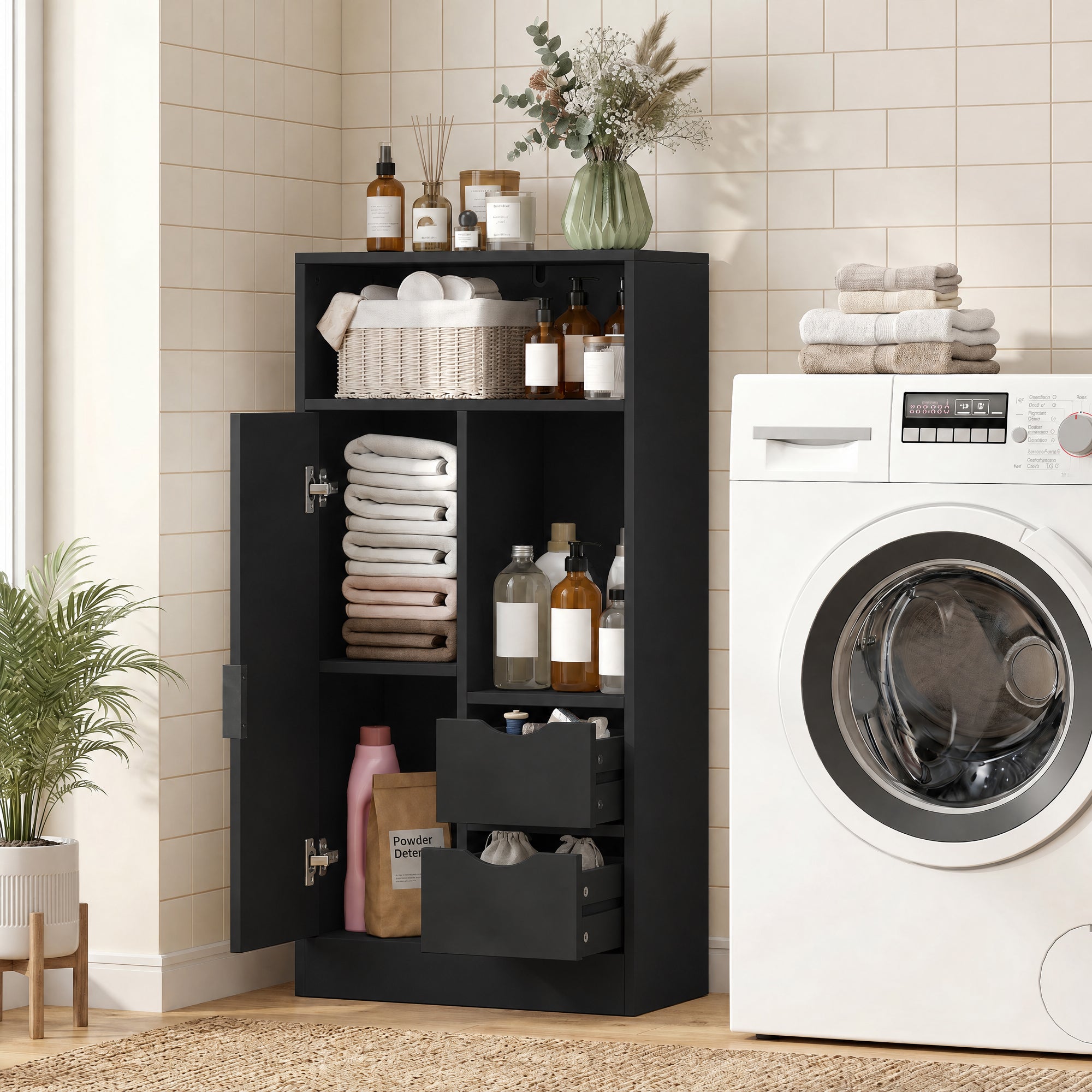 Meuble de salle de bain, meuble de rangement étroit avec 2 tiroirs, 1 porte, 2 compartiments ouverts et étagère réglable, armoire salle de bain, salon, chambre, 50 x 25 x 100 cm, noir