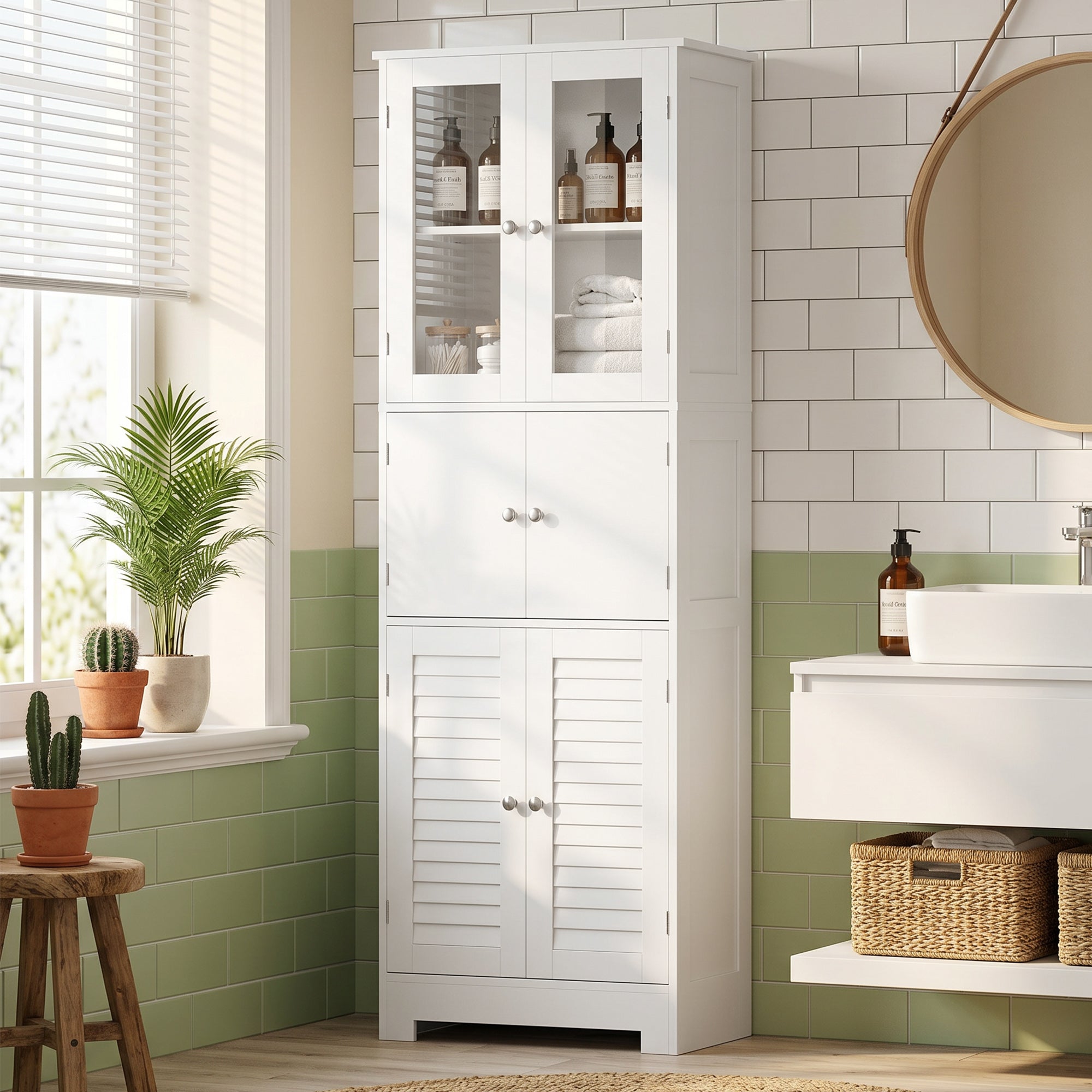 Meuble de salle de bain haut, meuble de rangement, colonne salle de bain avec 6 portes dont 2 vitrées et 2 persiennes, étagère réglable, style moderne, pour salon, chambre, 60x30x170,5cm, blanc