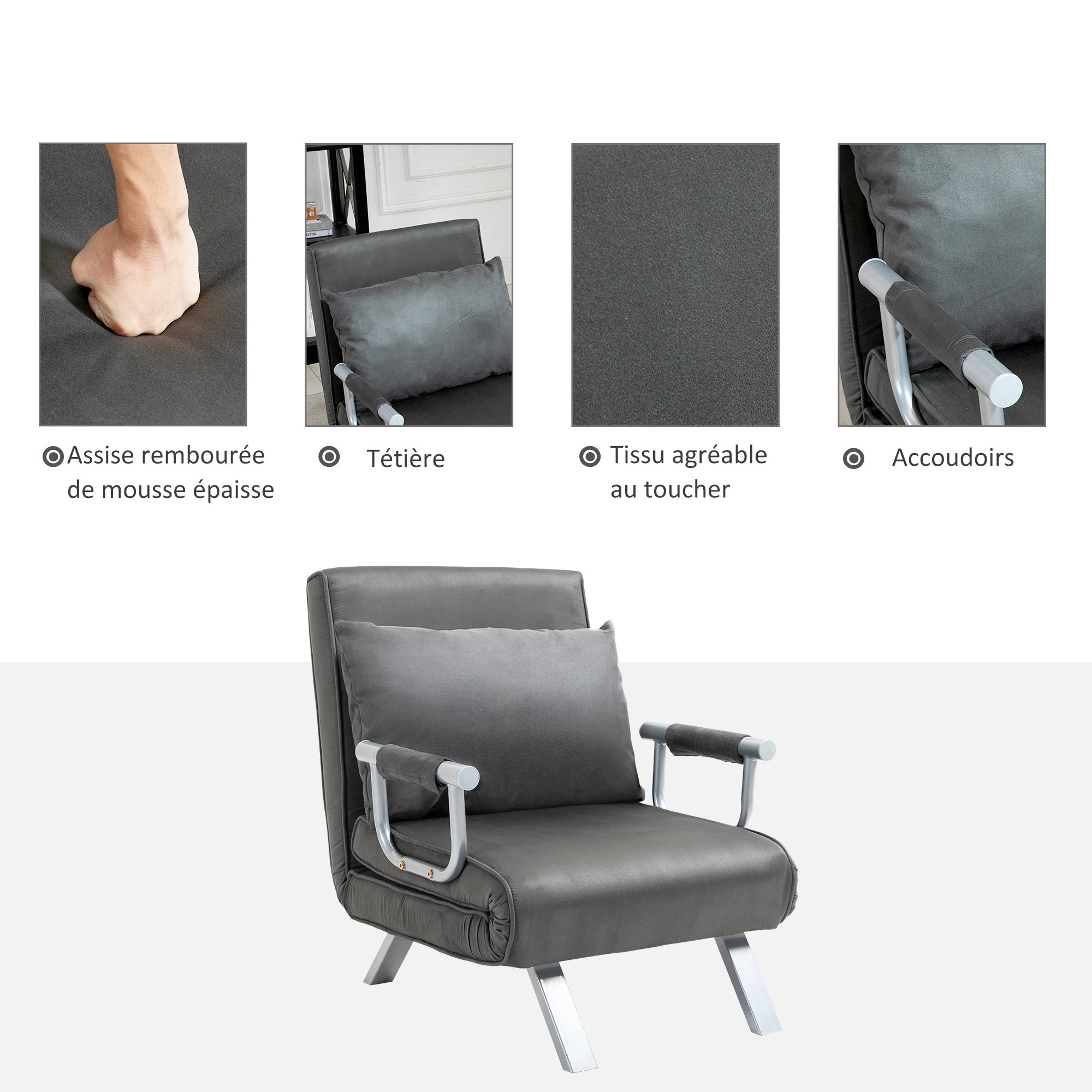 Fauteuil chauffeuse canapé-lit Convertible 1 Place déhoussable Grand Confort Coussin Pieds accoudoirs métal suède Gris