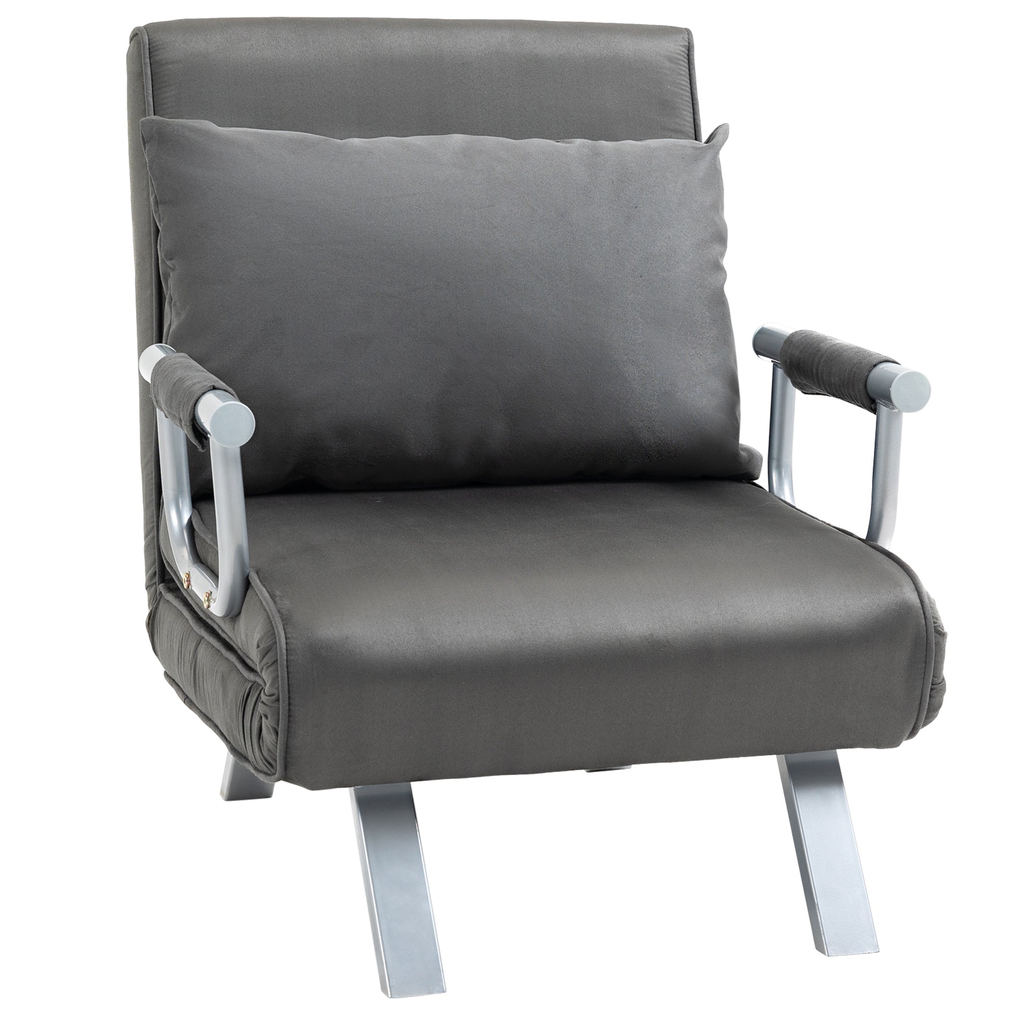 Fauteuil chauffeuse canapé-lit Convertible 1 Place déhoussable Grand Confort Coussin Pieds accoudoirs métal suède Gris