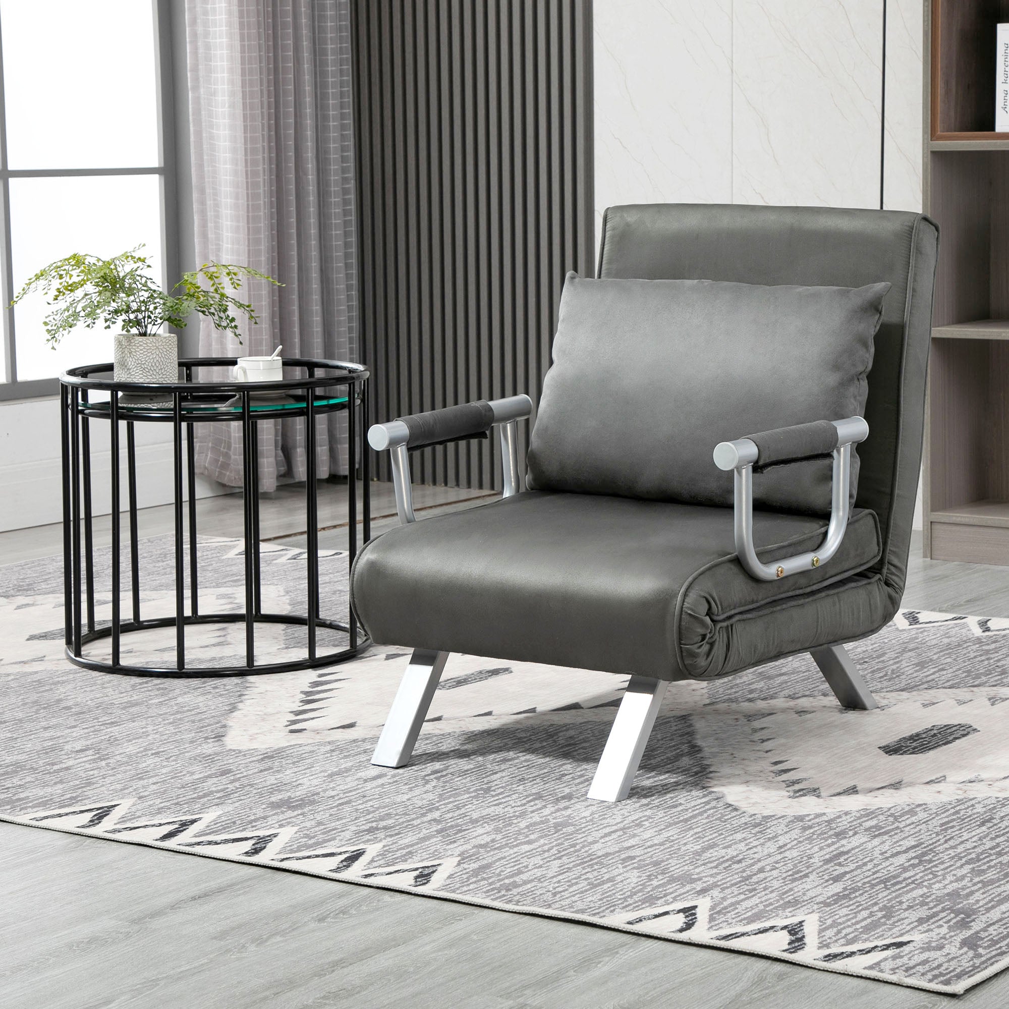 Fauteuil chauffeuse canapé-lit Convertible 1 Place déhoussable Grand Confort Coussin Pieds accoudoirs métal suède Gris