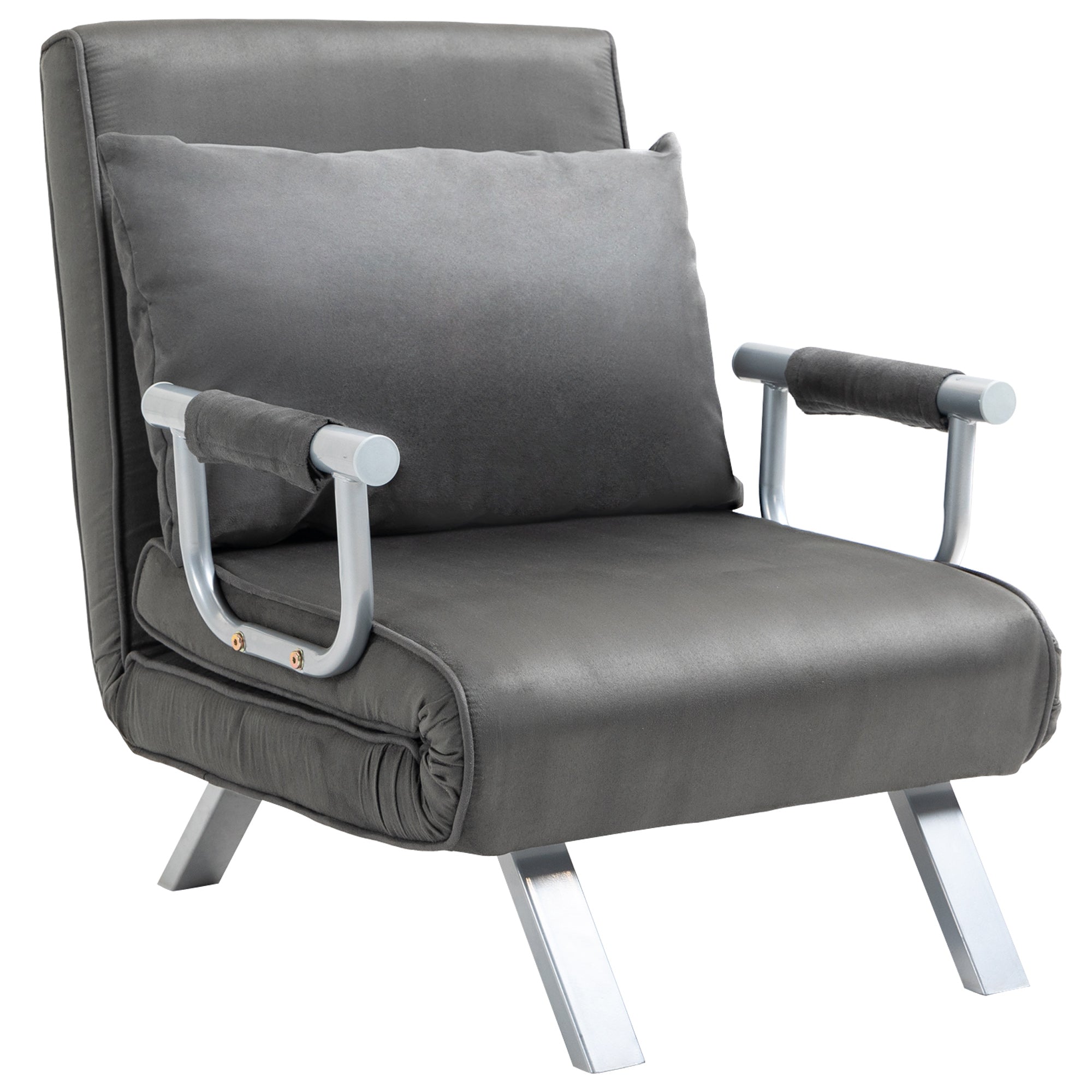 Fauteuil chauffeuse canapé-lit Convertible 1 Place déhoussable Grand Confort Coussin Pieds accoudoirs métal suède Gris
