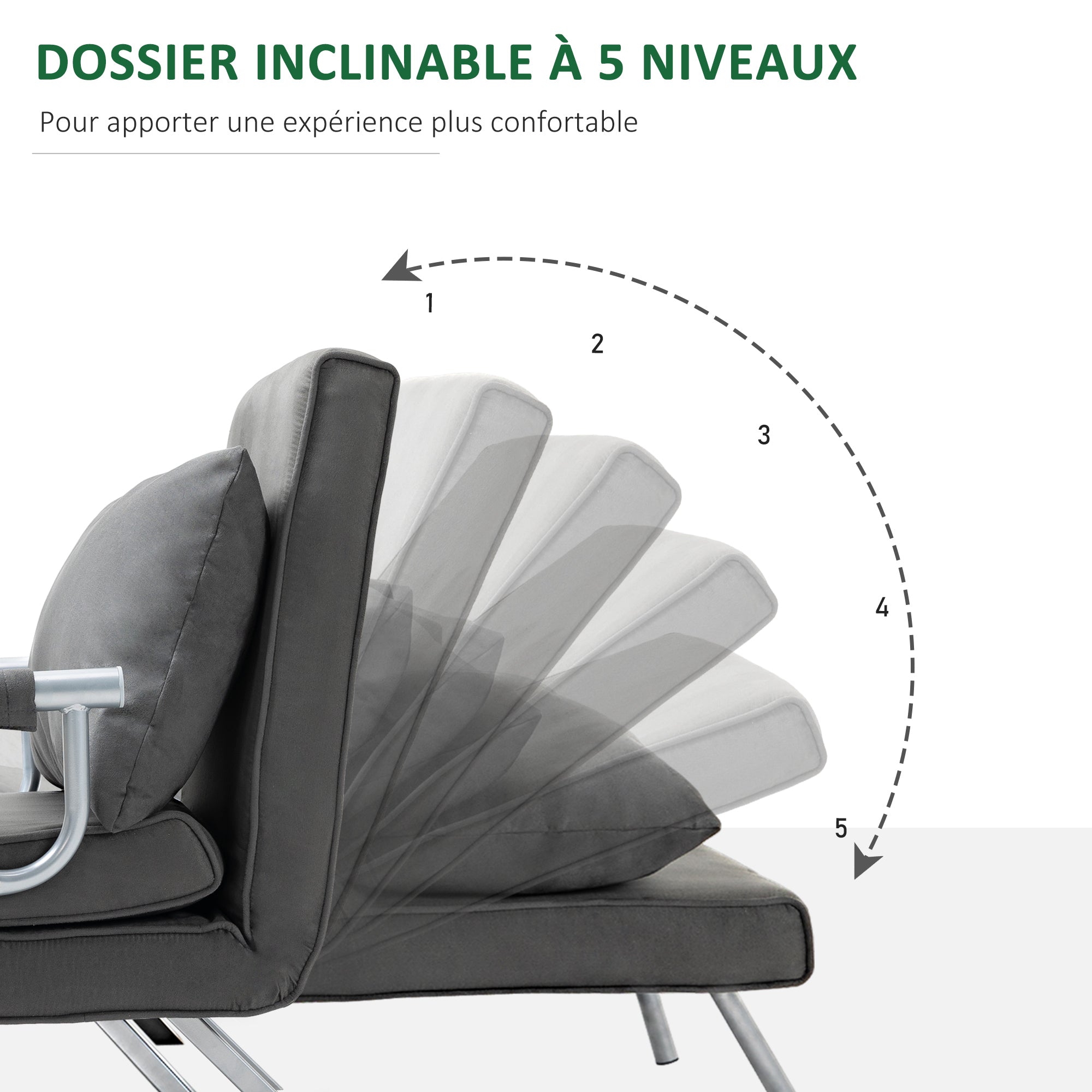 Fauteuil chauffeuse canapé-lit Convertible 1 Place déhoussable Grand Confort Coussin Pieds accoudoirs métal suède Gris