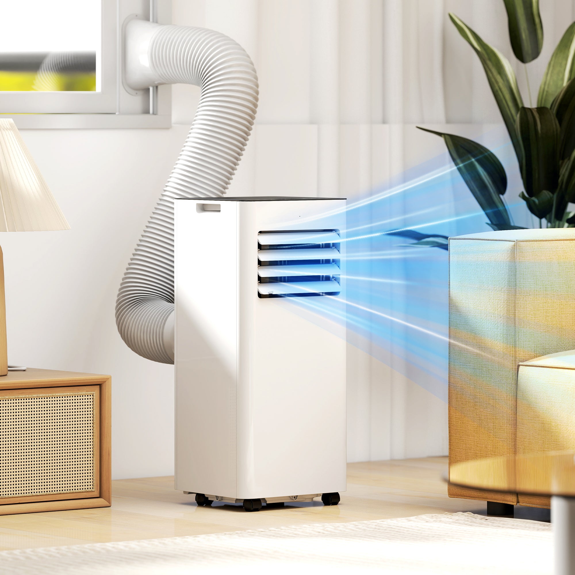 Climatiseur mobile 9000 BTU/H 2,6KW climatiseur portable 3 en 1 refroidissement, ventilateur, déshumidificateur, mode veille, minuterie 24H, 2 vitesses et télécommande, kit d'évacution, blanc