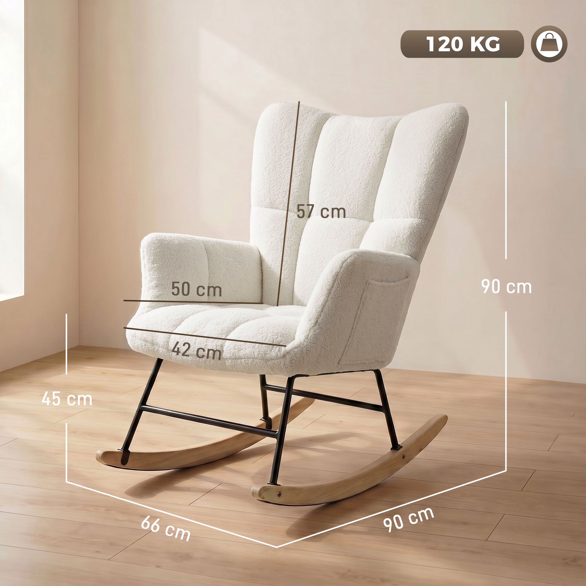 Fauteuil à Bascule, Rocking Chair en Peluche Teddy, Poches Latérales, Dossier à Oreilles Capitonné, Assise Rembourrée, Pieds en Bois d'hévéa, Chaise à Bascule Moderne pour Salon, Chambre, Crème