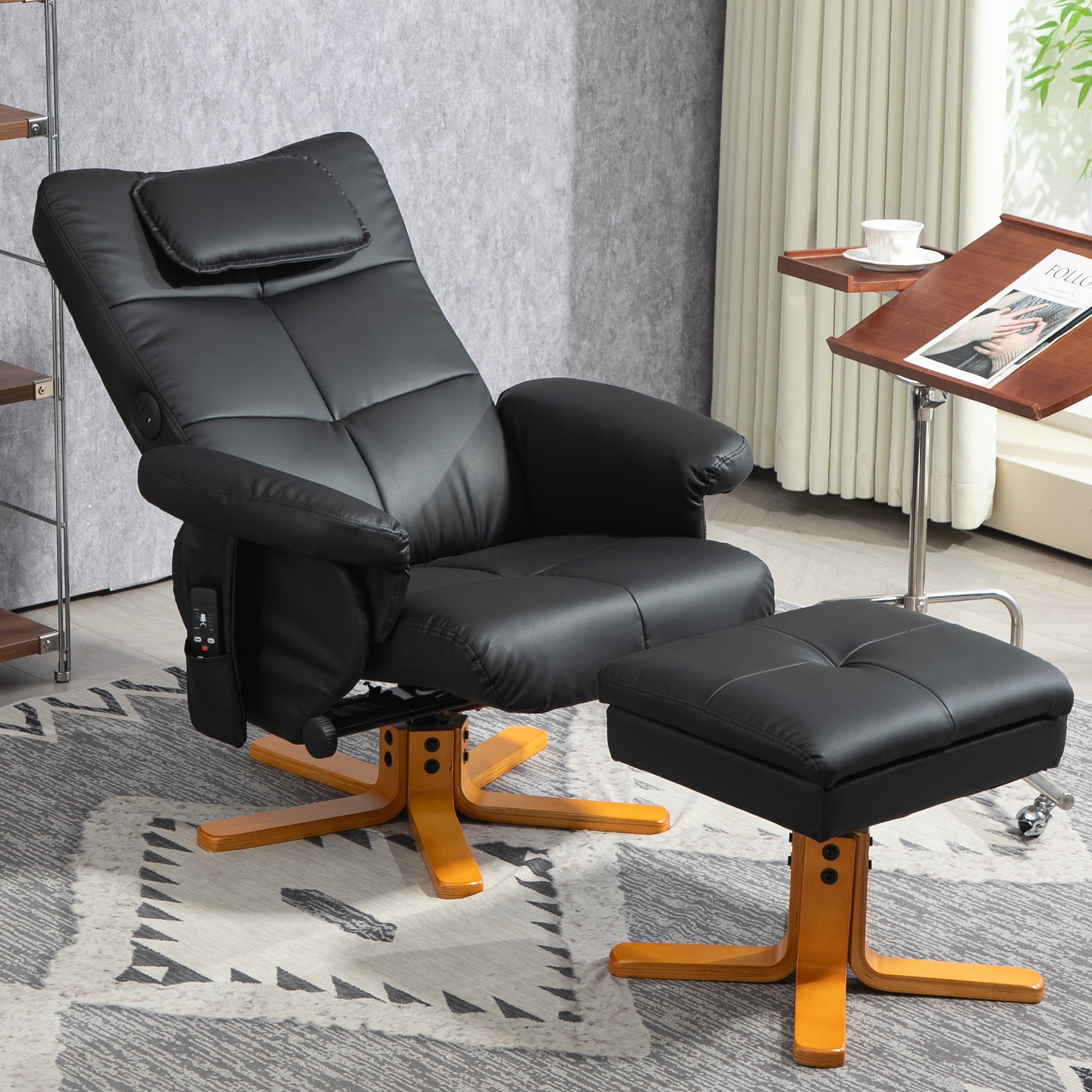 Fauteuil massant avec repose-pied fauteuil relax salon - dossier inclinable jusqu'à 135°, coffre de rangement, appuie-tête et et télécommande - revêtement synthétique noir