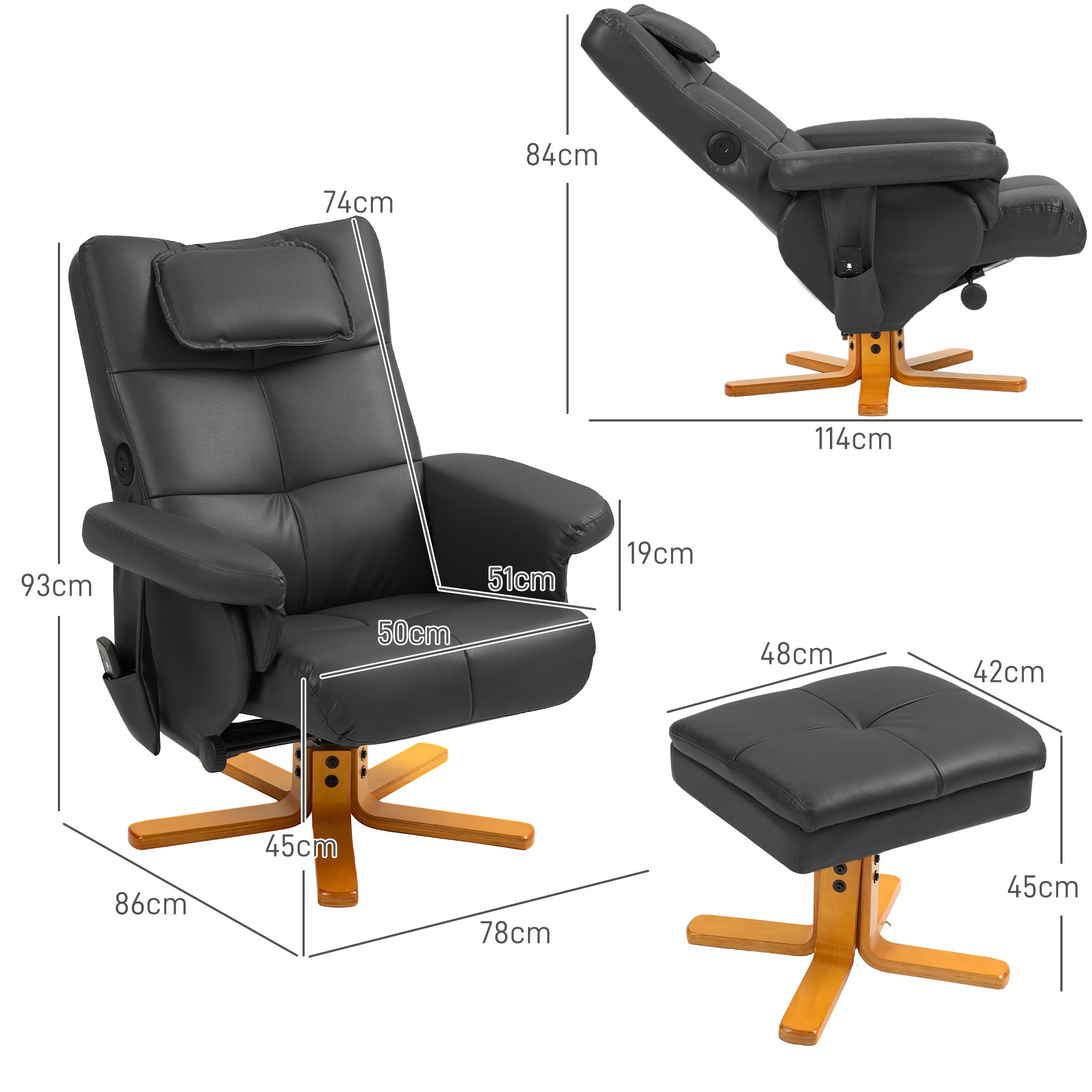 Fauteuil massant avec repose-pied fauteuil relax salon - dossier inclinable jusqu'à 135°, coffre de rangement, appuie-tête et et télécommande - revêtement synthétique noir